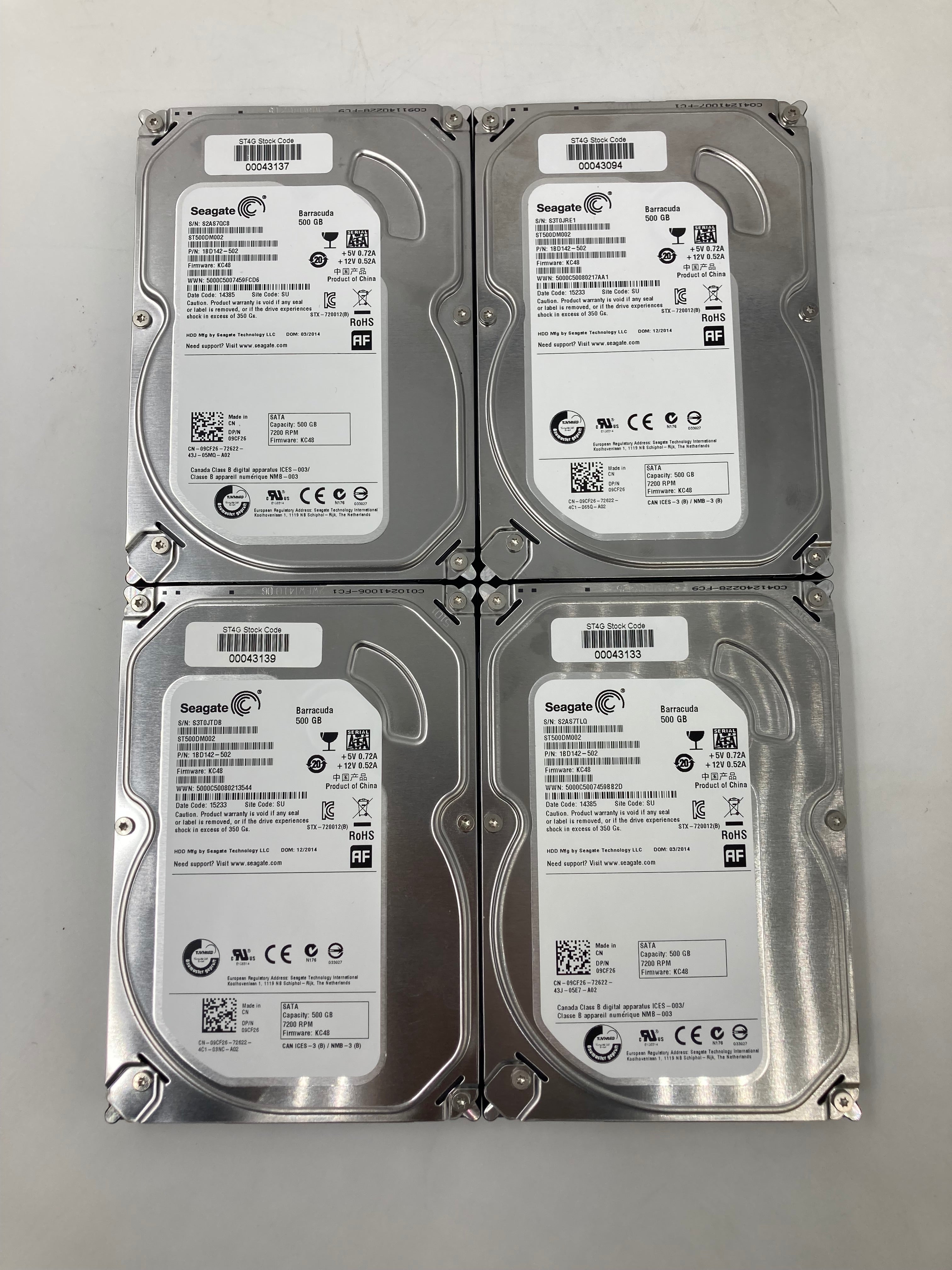 Batch of 4 SeaGate 3.5" SATA 500GB Hard Disk Drives 7.2K RPM