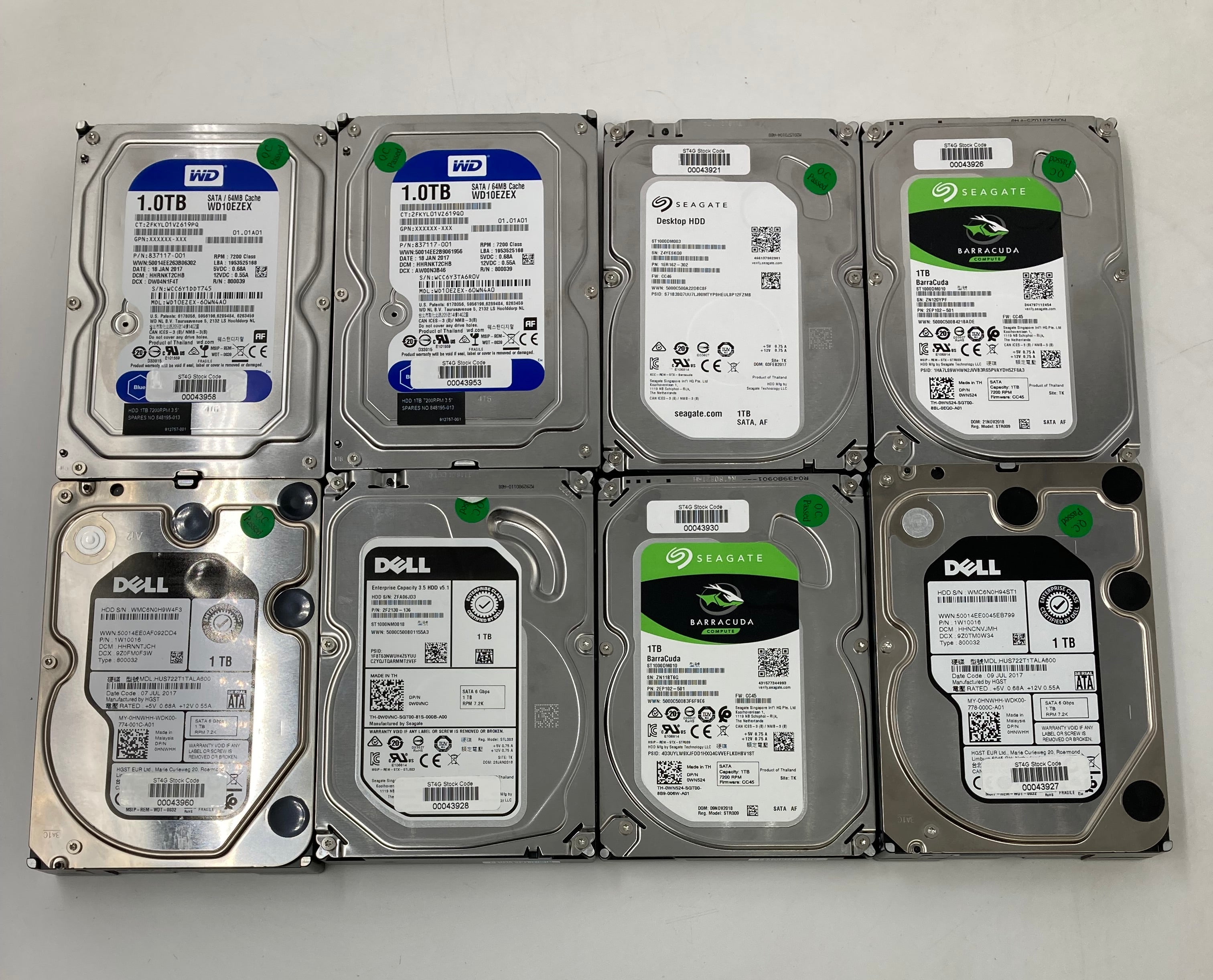 Batch of 8 3.5" SATA 1TB Hard Disk Drives - Mixed Brands