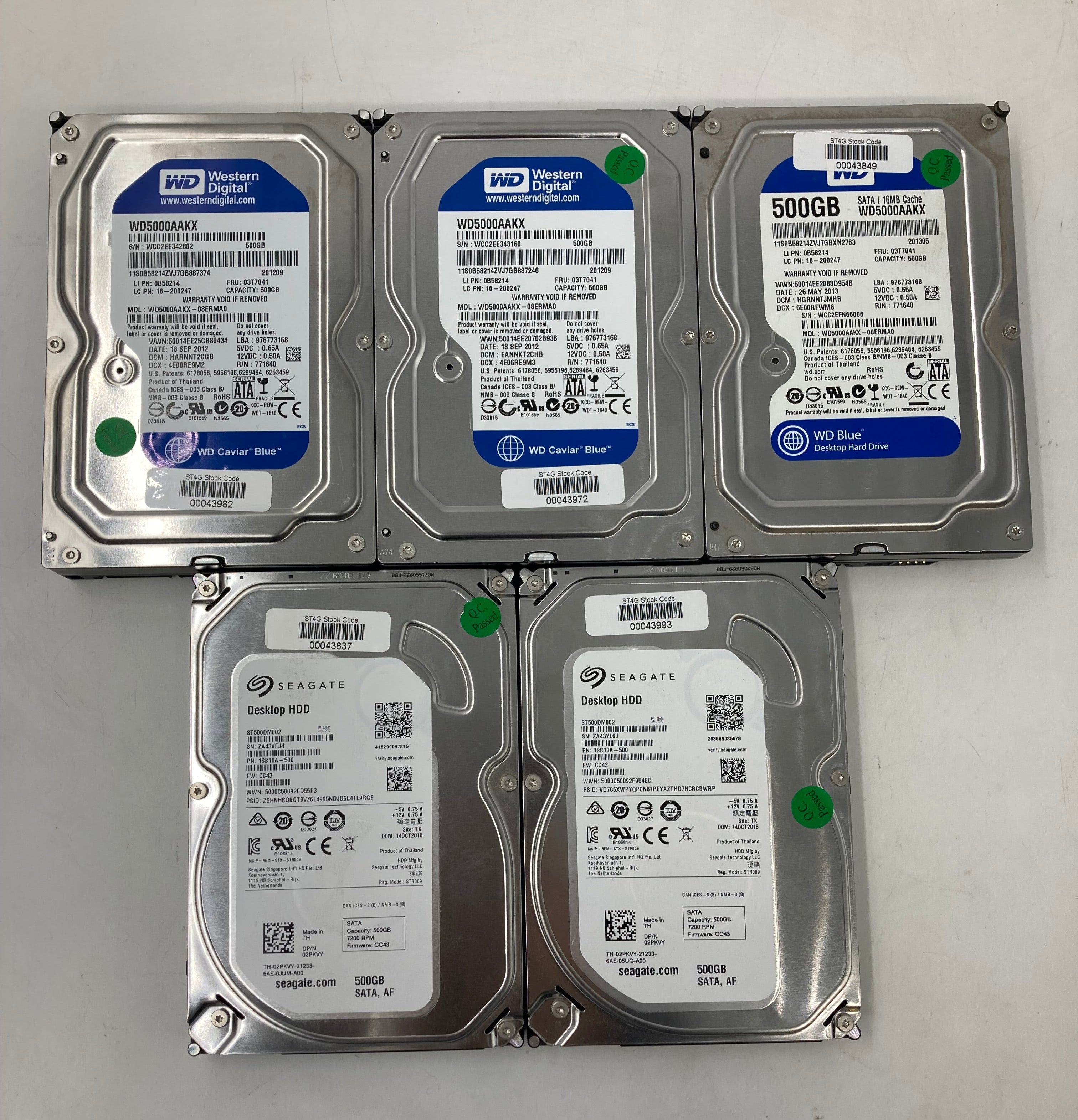 Batch of 5 3.5" 500GB SATA Hard Disk Drives - SeaGate/Western Digital
