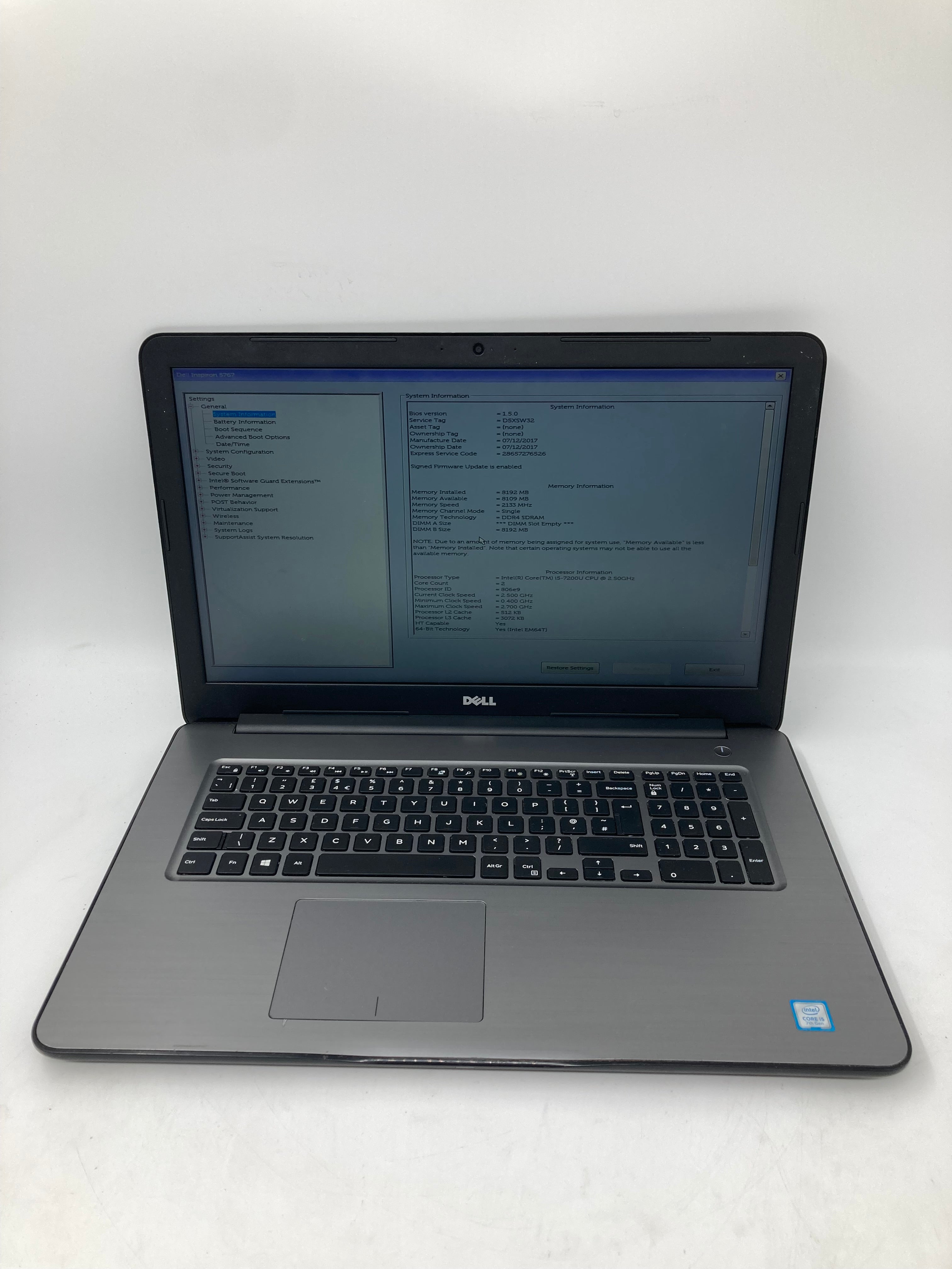 Dell Laptop Inspiron 5767 17" i5 7th Gen 8GB RAM No HDD No OS *Spares*