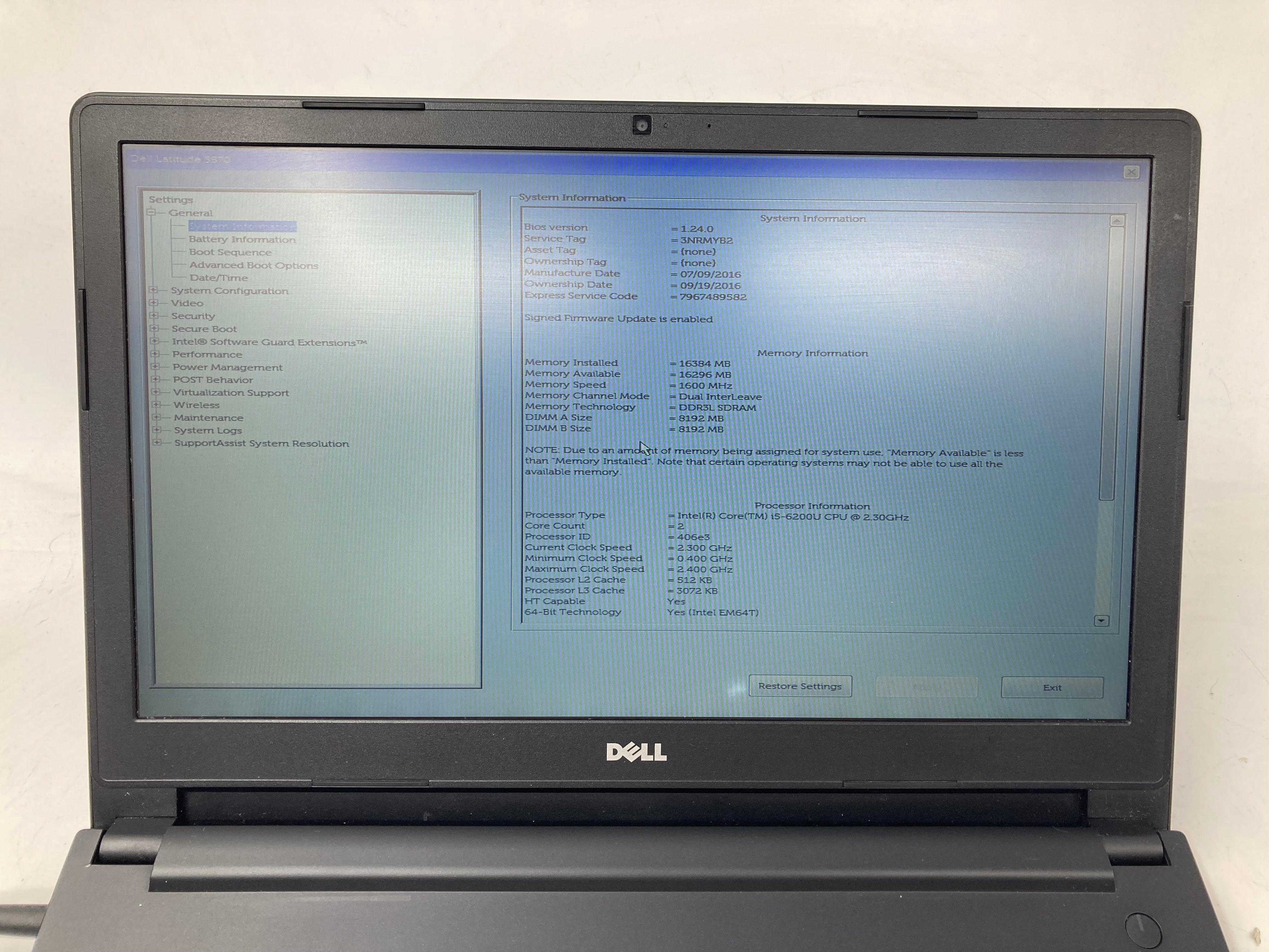 Dell Laptop Latitude 3570 15.6" Screen i5 6th Gen 16gb Ram No Storage No OS