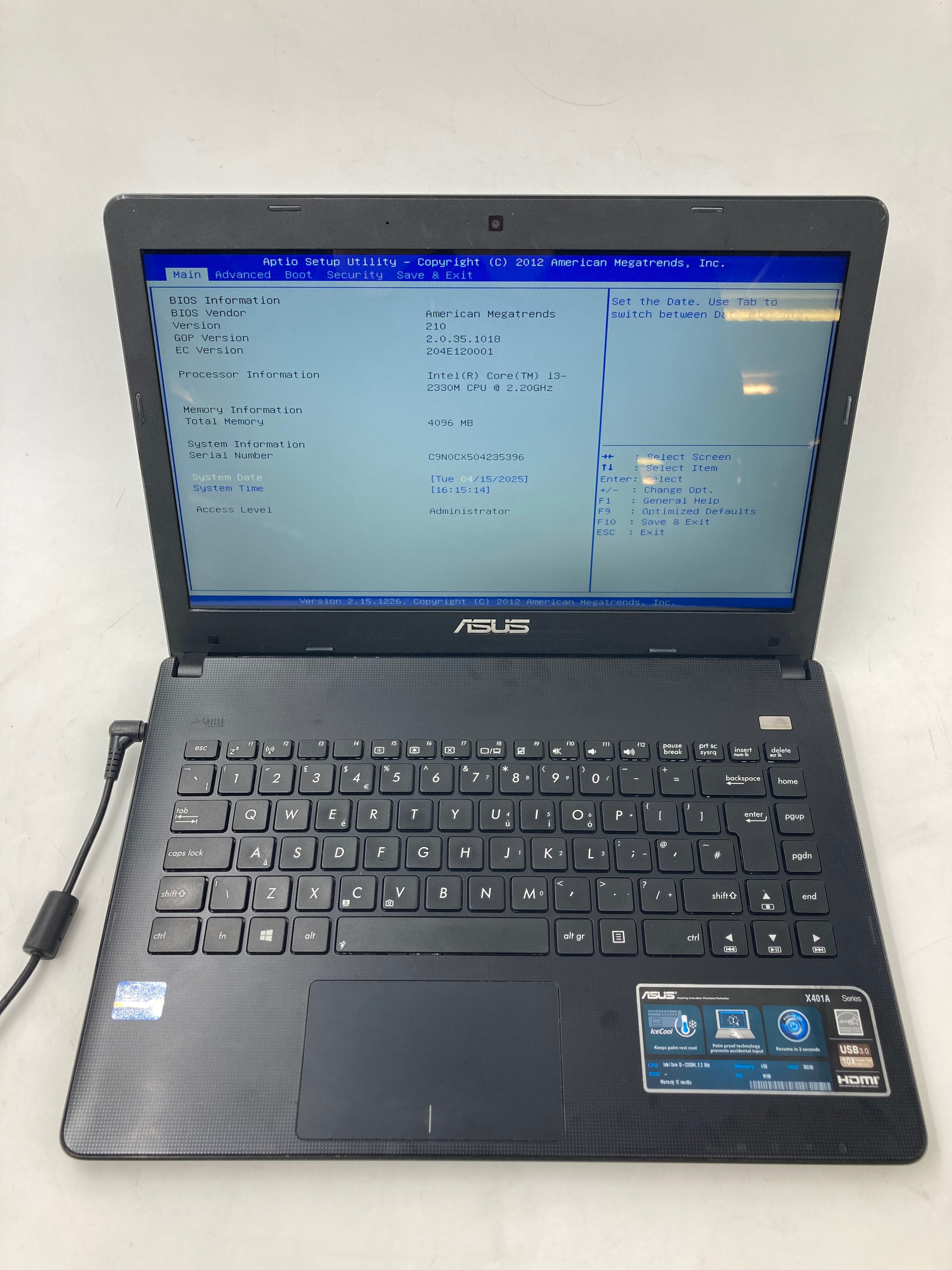 Asus Laptop X401A 14" i3-2330M 4GB RAM No SSD No OS