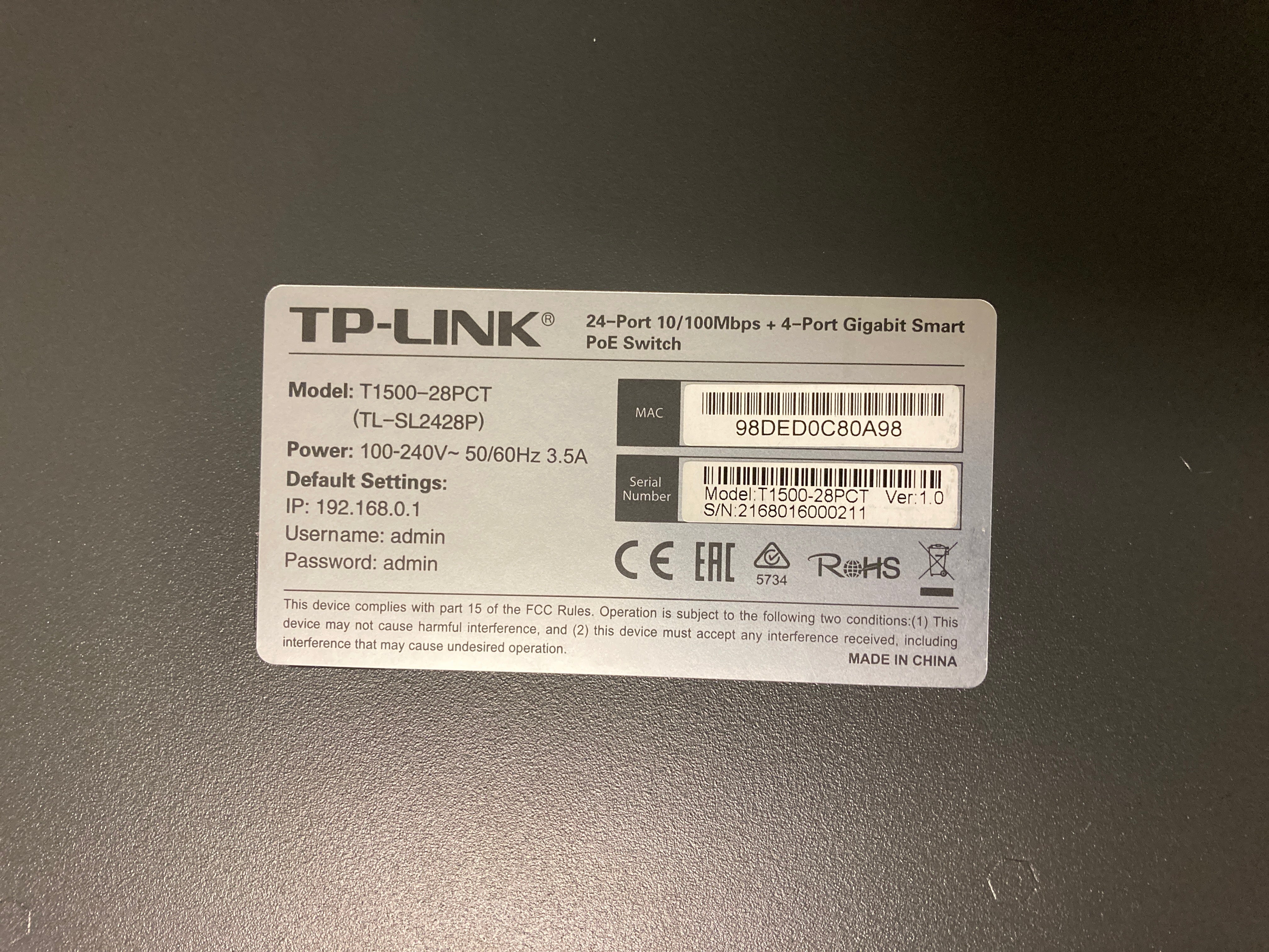 TP-Link T1500-28PCT 24-Port 10/100Mbps + 4-Port Smart PoE Switch