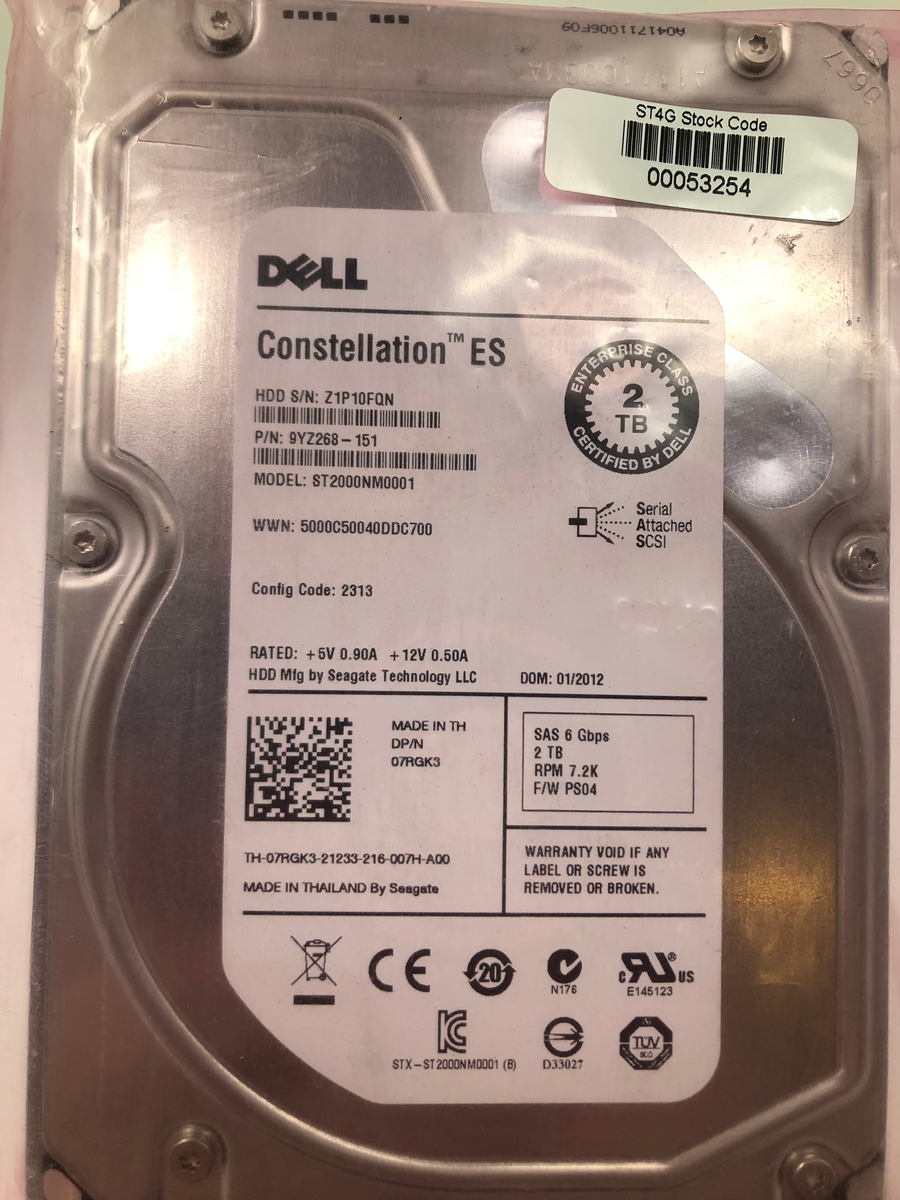 Dell Hard Disk Drive 3.5" LFF 2TB HDD SAS 6Gbps 7.2K RPM DP/N 07RGK3 Brand New