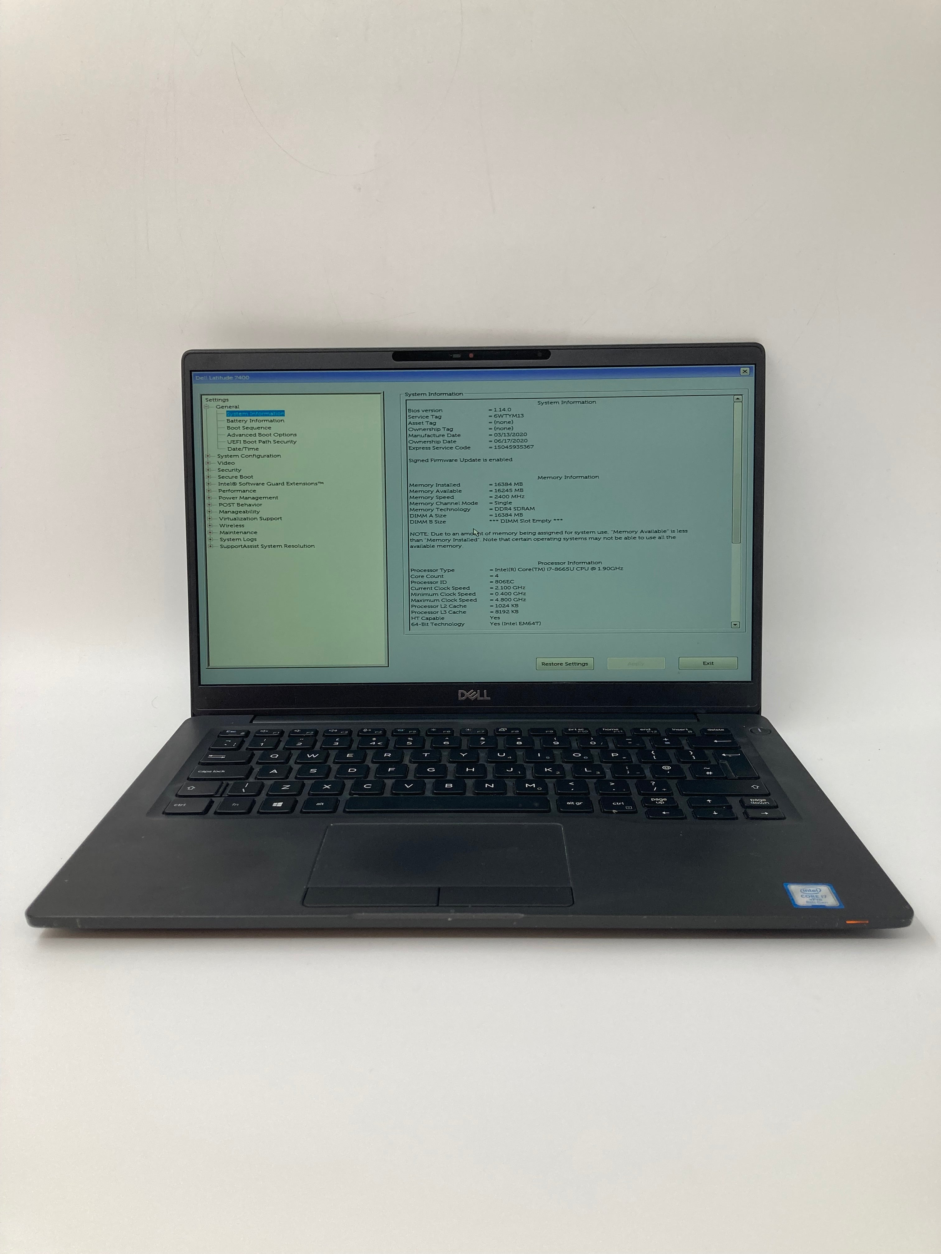 Dell Laptop Latitude 7400 14" Screen i7 8th Gen 16GB RAM No SSD No OS Spares