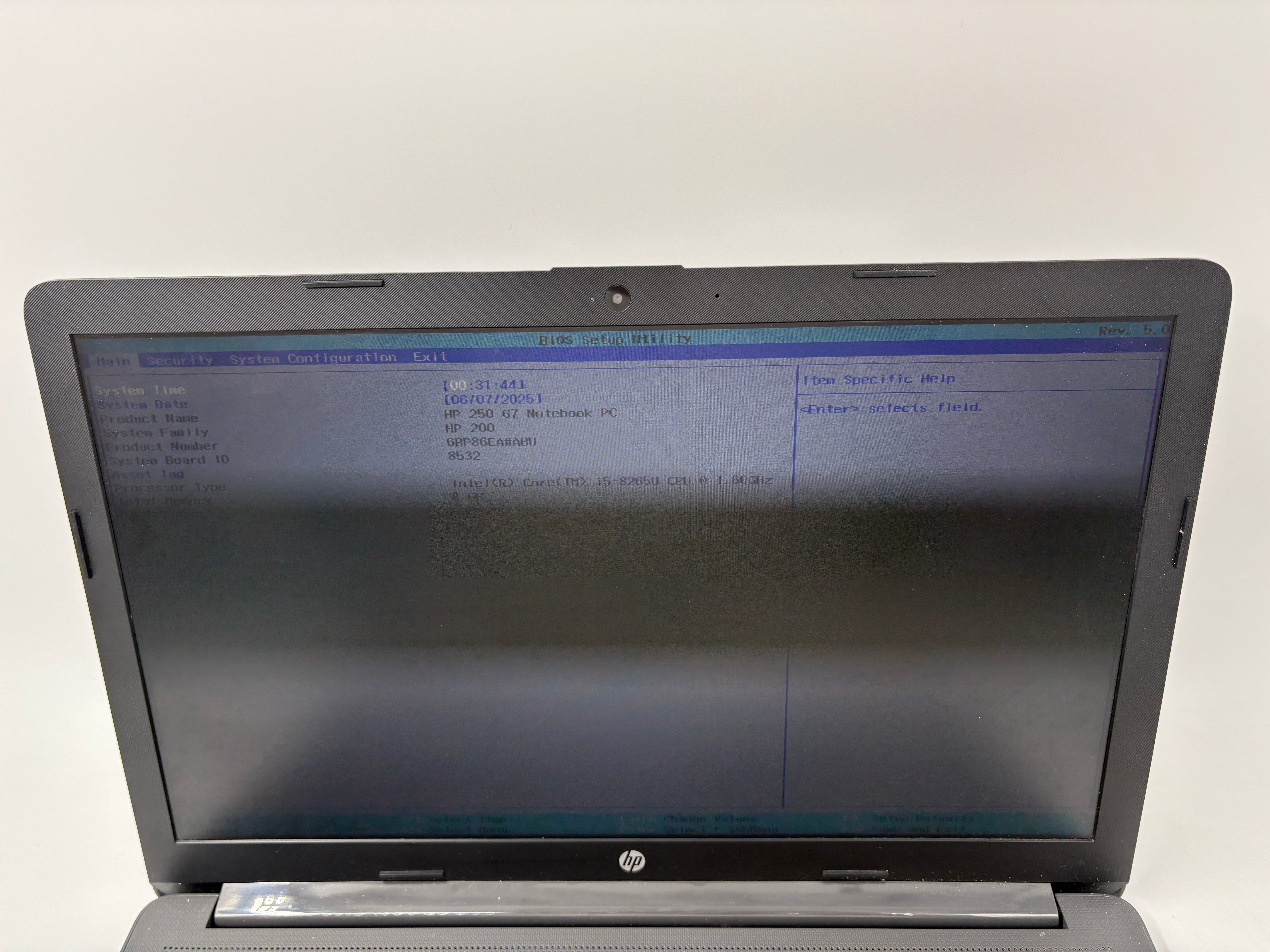 HP Laptop 250 G7 15.6" Screen i5 8th Gen 8GB RAM NO SSD NO OS
