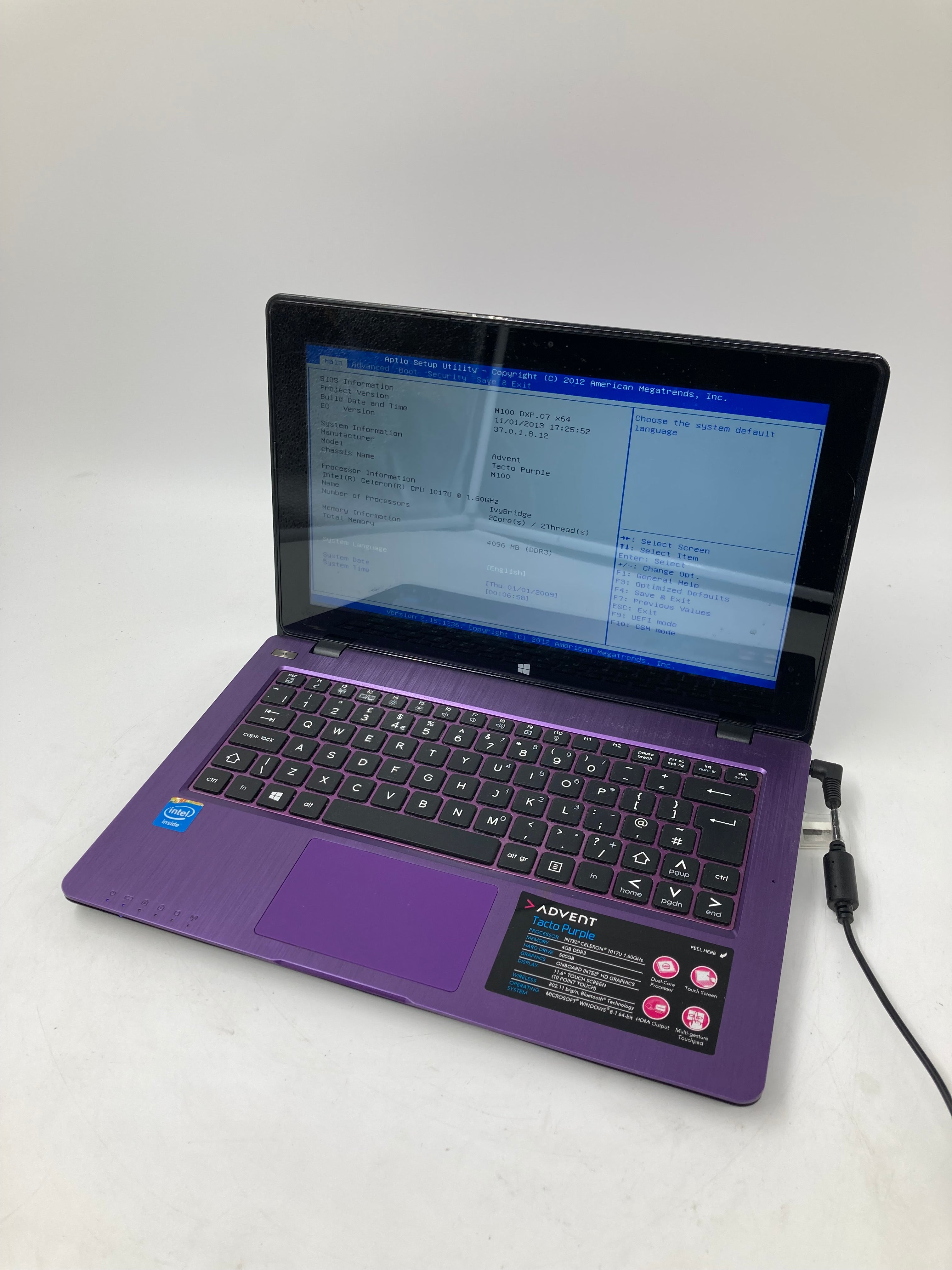 Advent Laptop Tacto Purple 11" Intel Celeron 1017U 4GB RAM No HDD No OS