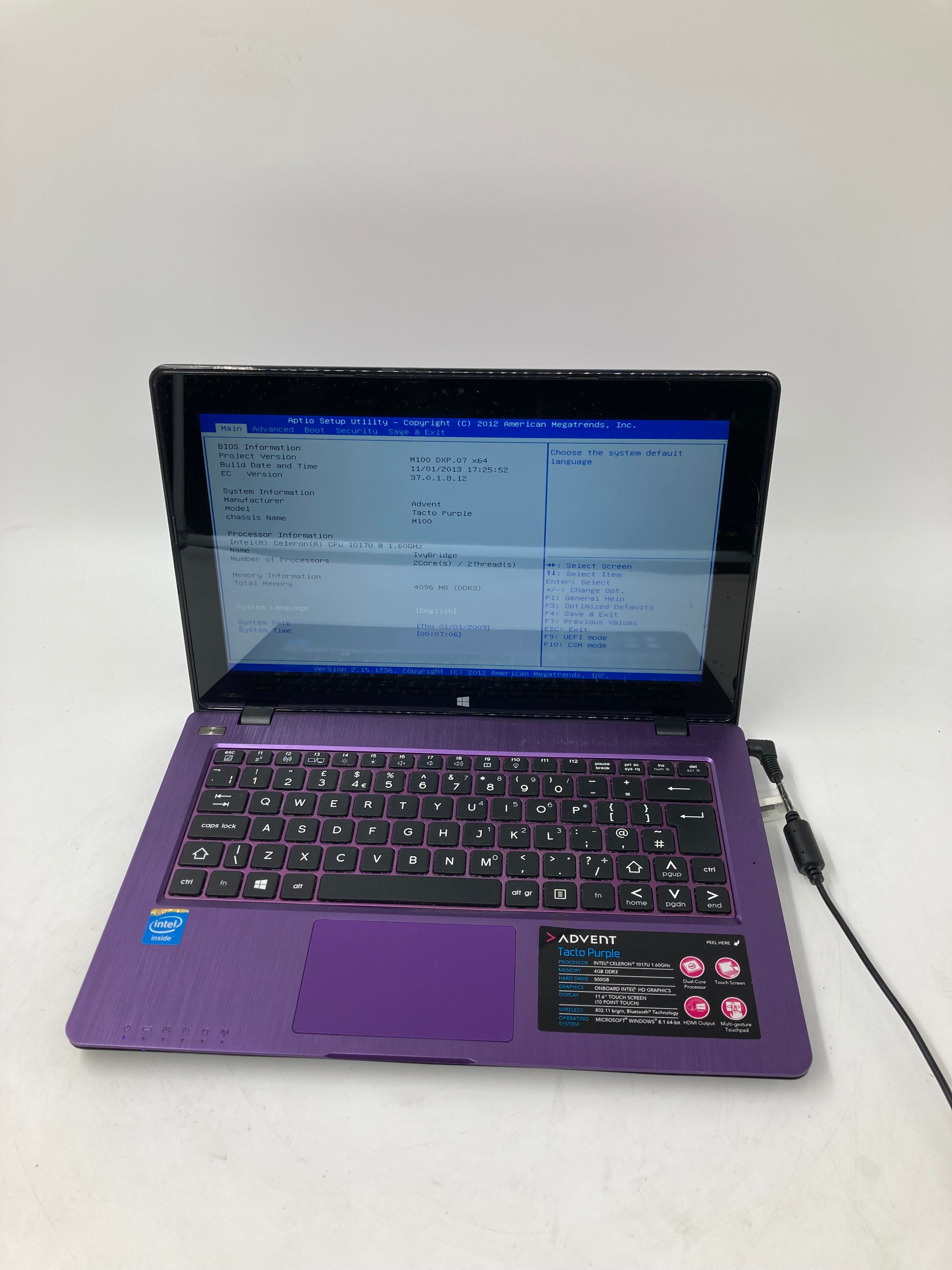 Advent Laptop Tacto Purple 11" Intel Celeron 1017U 4GB RAM No HDD No OS