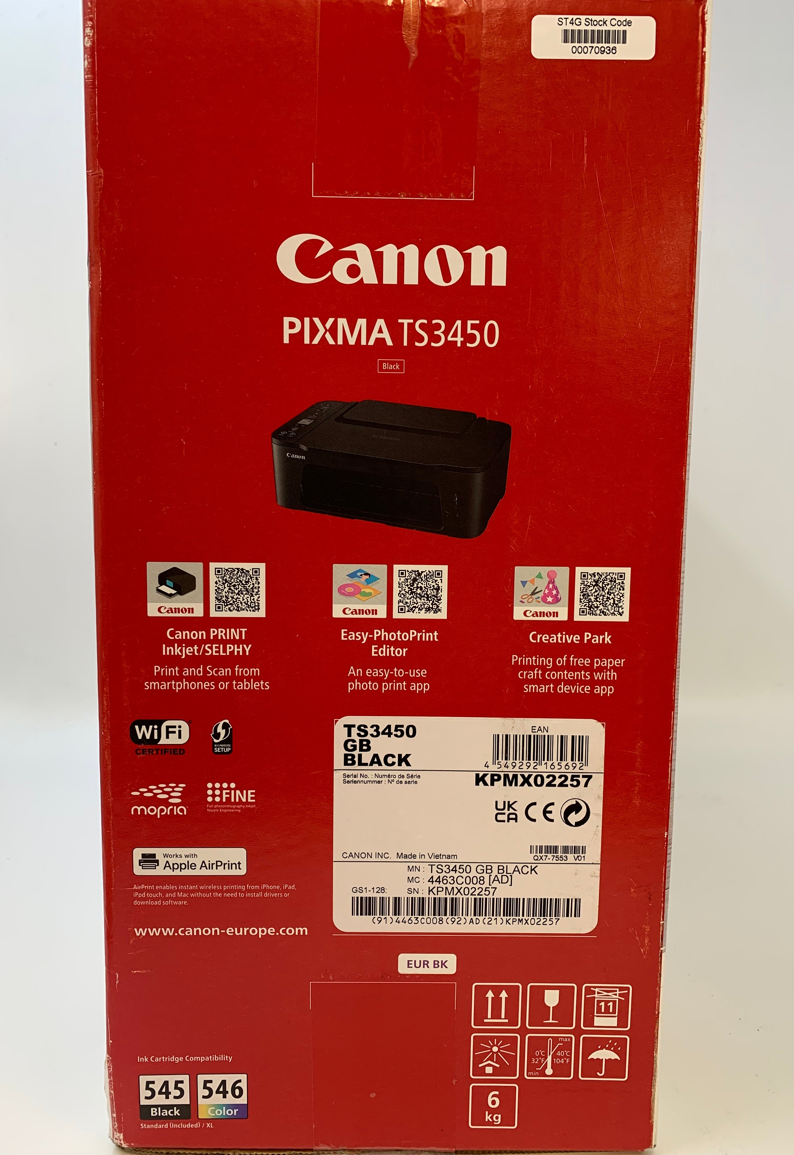 Canon Pixma TS3450 Multifunction Inkjet Printer | Print, Copy, Scan | New in Open Box