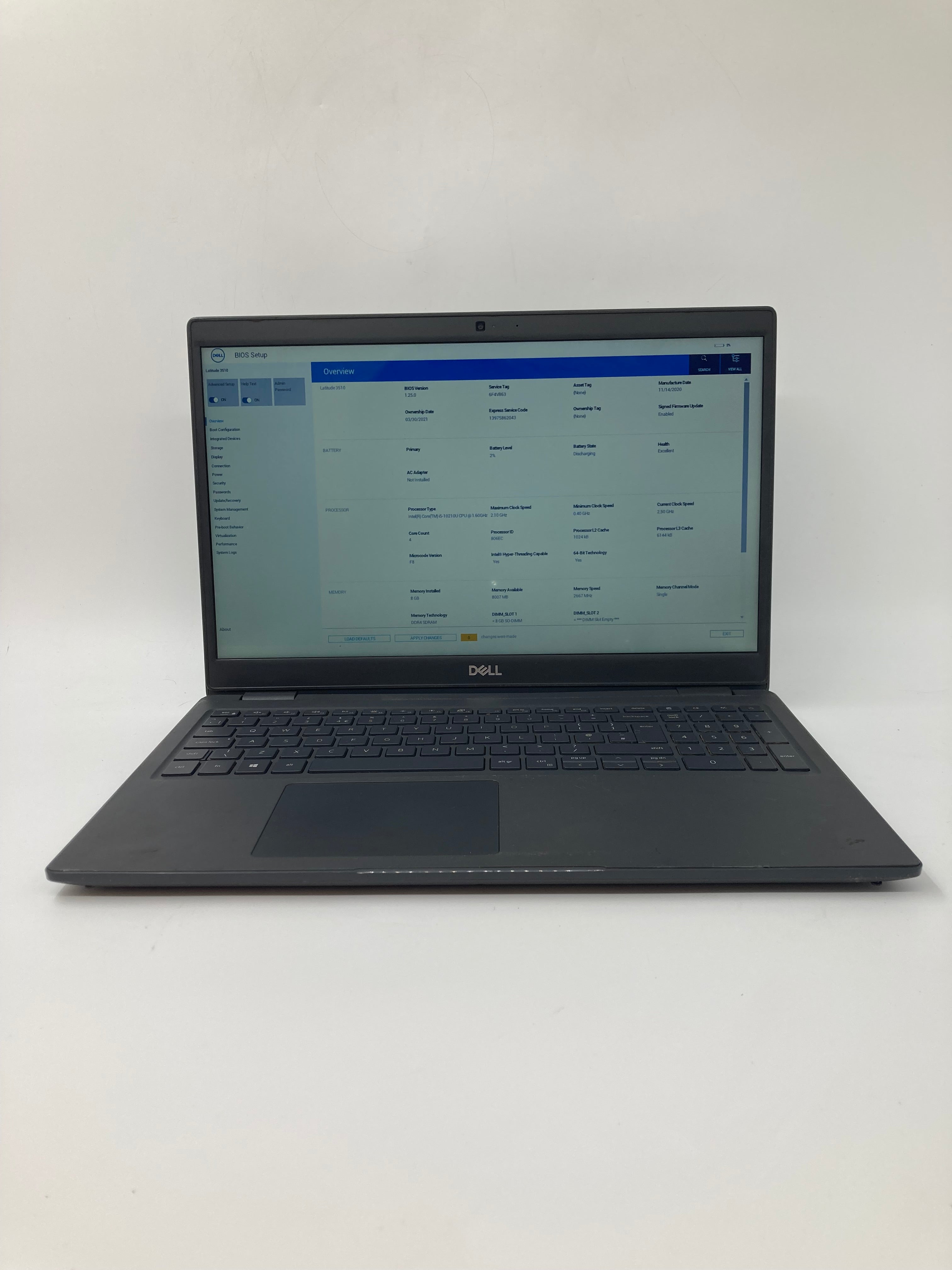 Dell Laptop Latitude 3510 15" Screen i5 10th Gen 8GB RAM No SSD No OS *Spares*