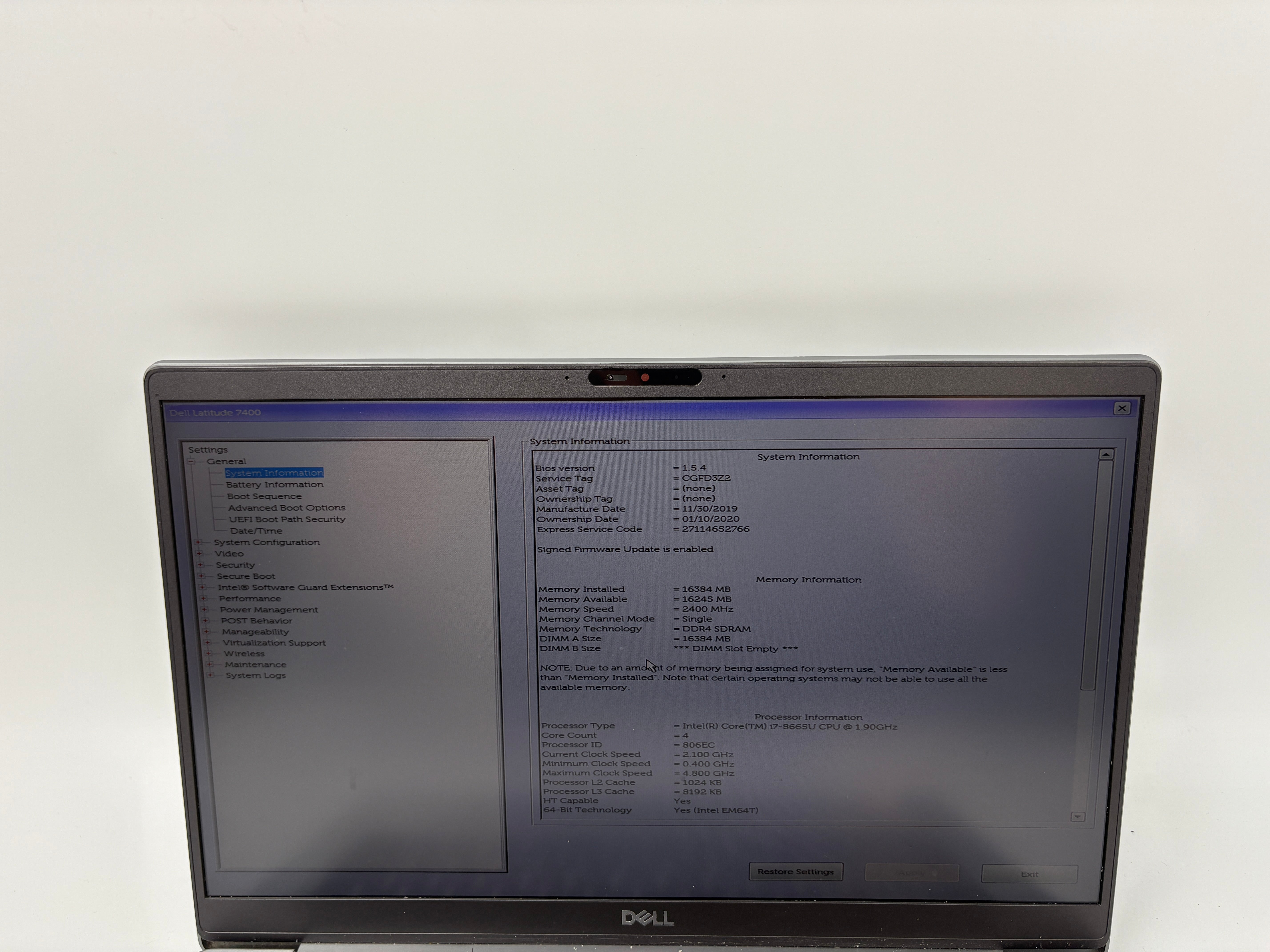 Dell Laptop Latitude 7400 14" Screen i7 8th Gen 16GB RAM 512GB SSD NO OS