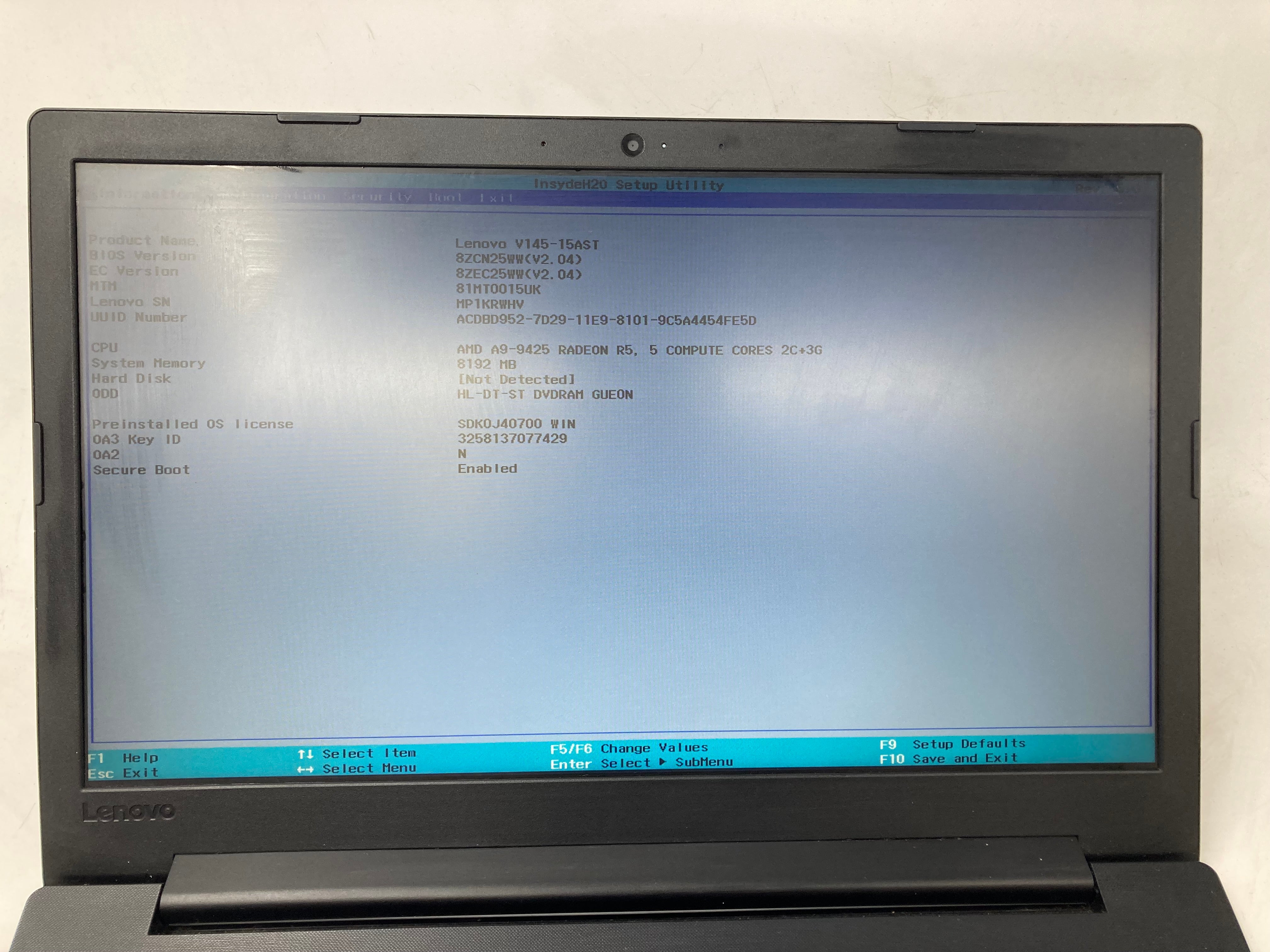 Lenovo Laptop V145-15AST 15" Screen AMD A9-9425 8GB Ram No SSD No OS
