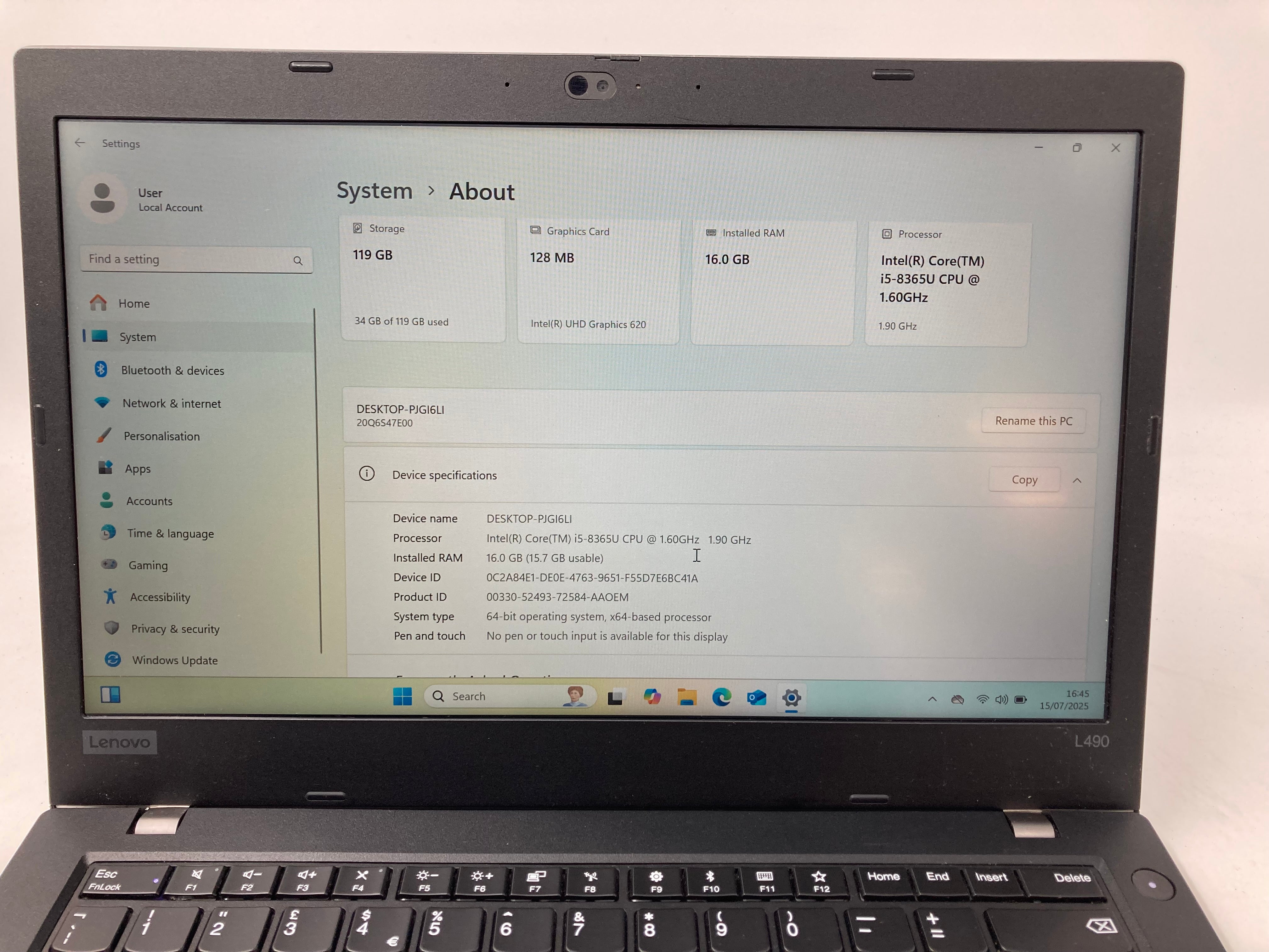 Lenovo Laptop ThinkPad L490 14" Screen i5 8th Gen 16GB Ram No SSD No OS