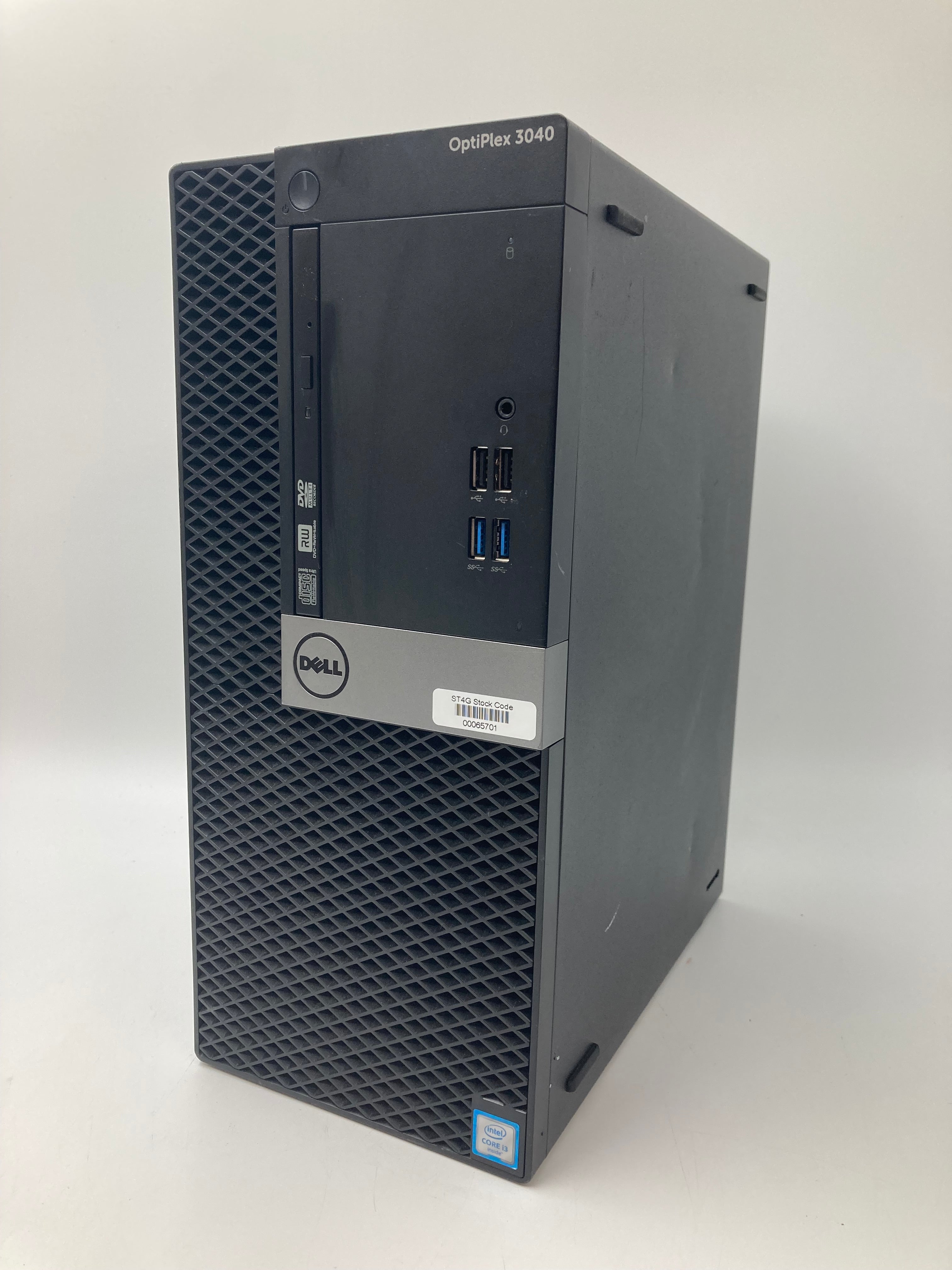Dell Optiplex 3040 front angled view showing logo, DVD reader, USB and AUX ports
