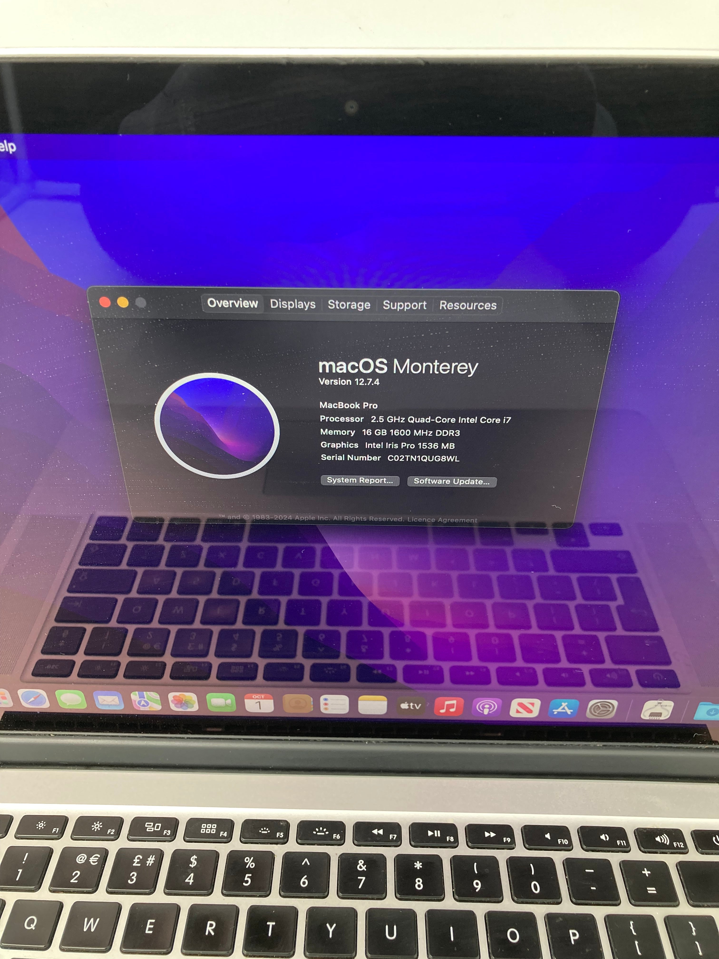 Apple MacBook Pro 2015 15" A1398 EMC 2909 i7 16GB RAM 512GB SSD OS Monterey