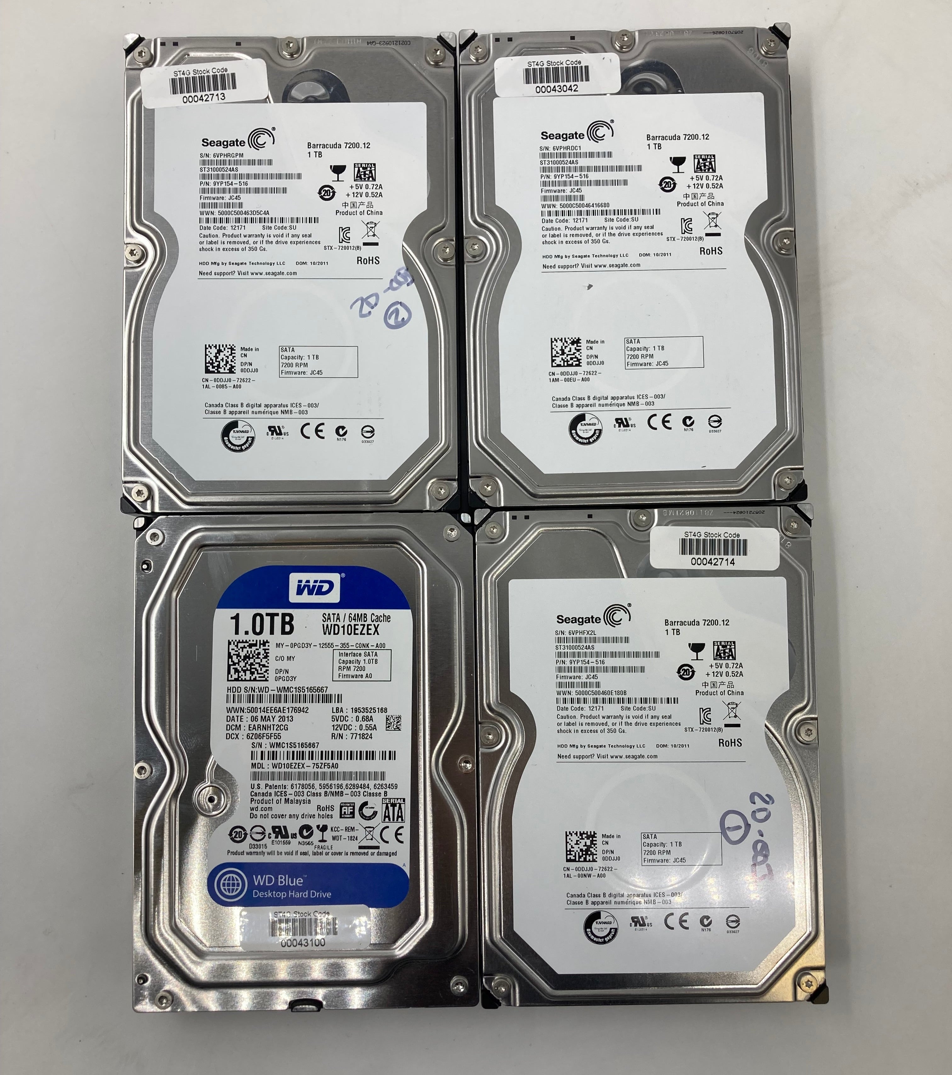 Batch of 4 1TB 3.5" SATA Hard Disk Drives - Mixed Brands