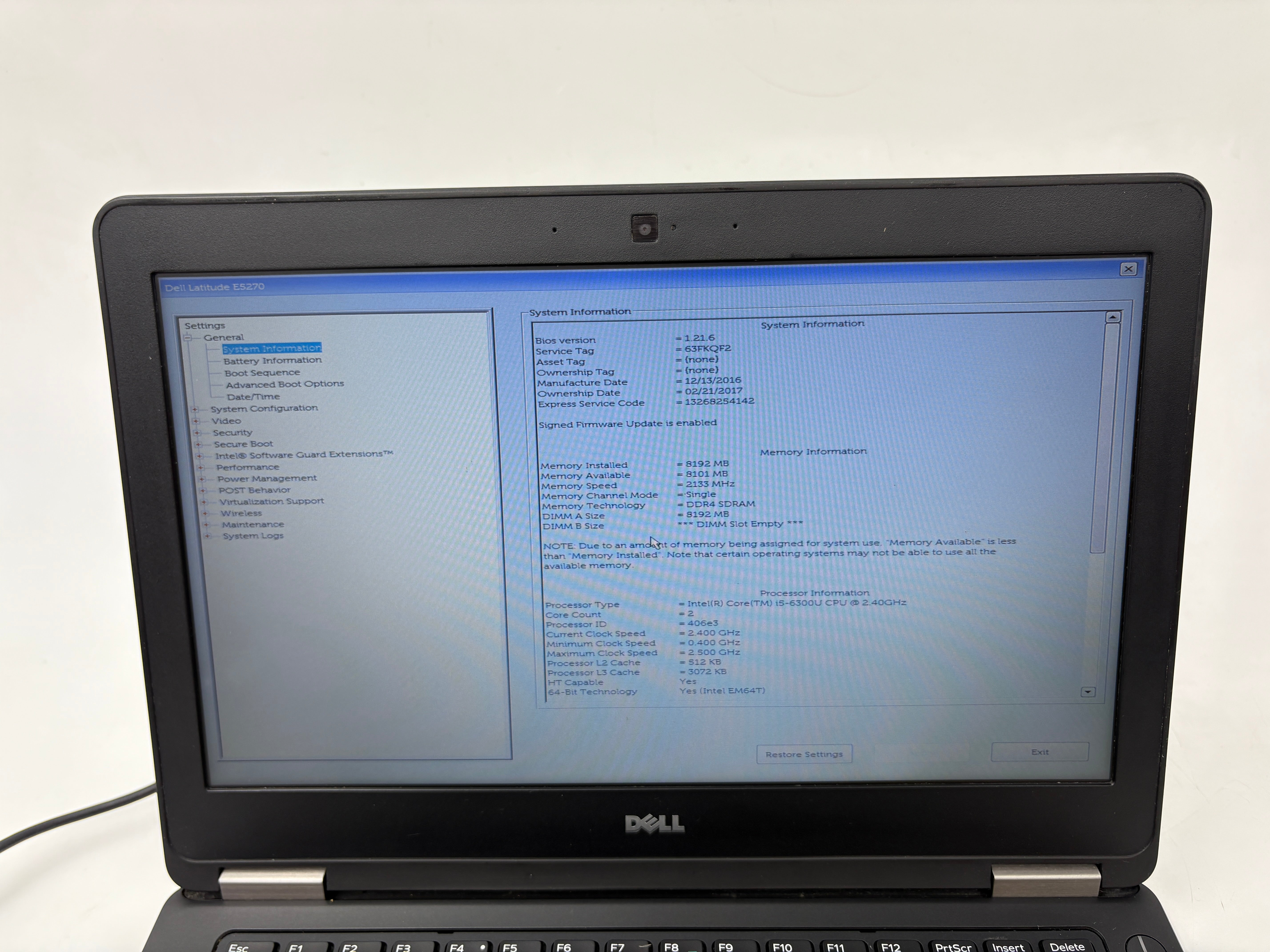 Dell Laptop Latitude E5270 12.5" Screen i5 6th Gen 8GB RAM NO SSD NO OS