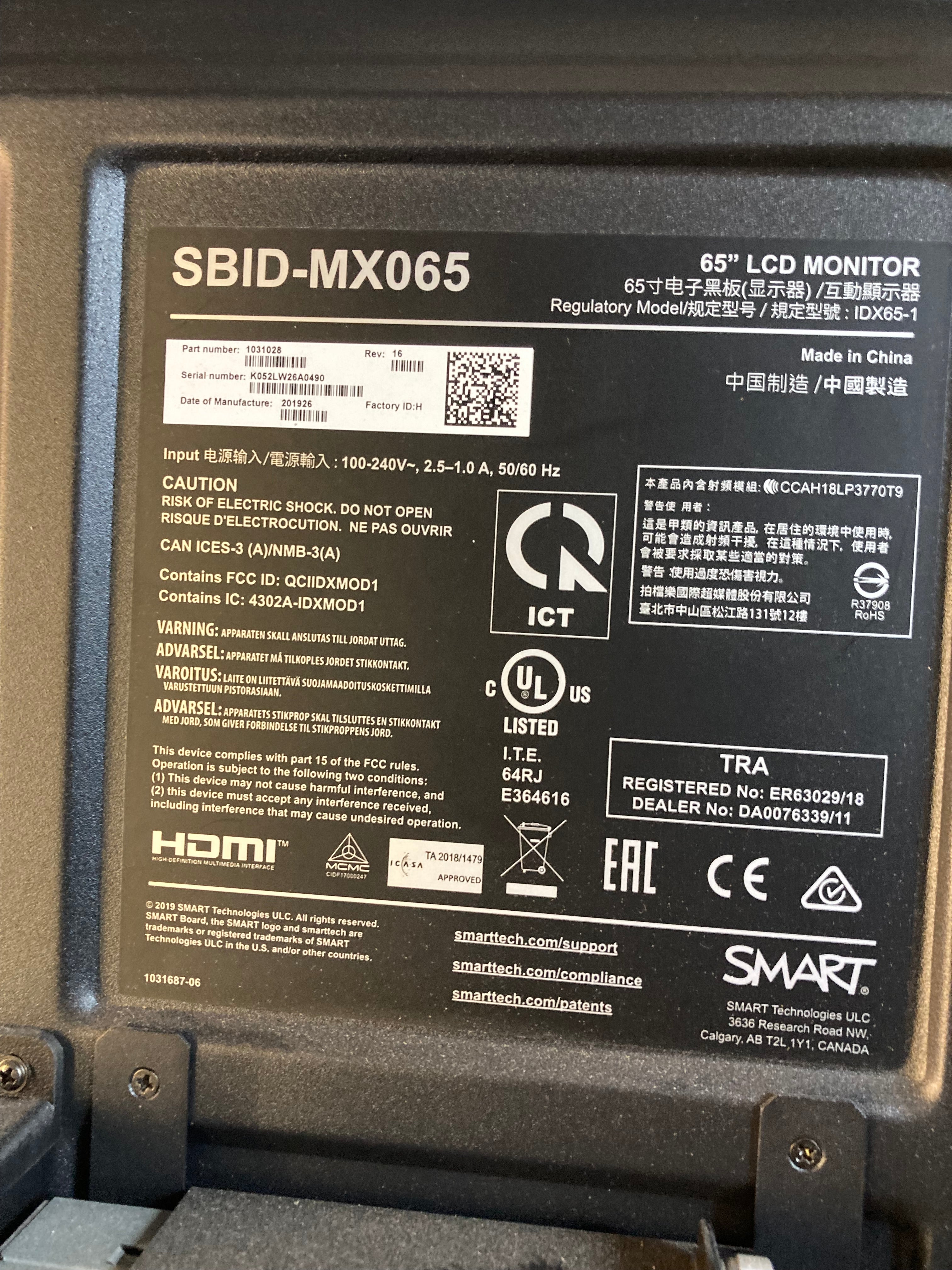 Smart WhiteBoard SBID-MX065 65" Touchscreen 4K UHD WiFi