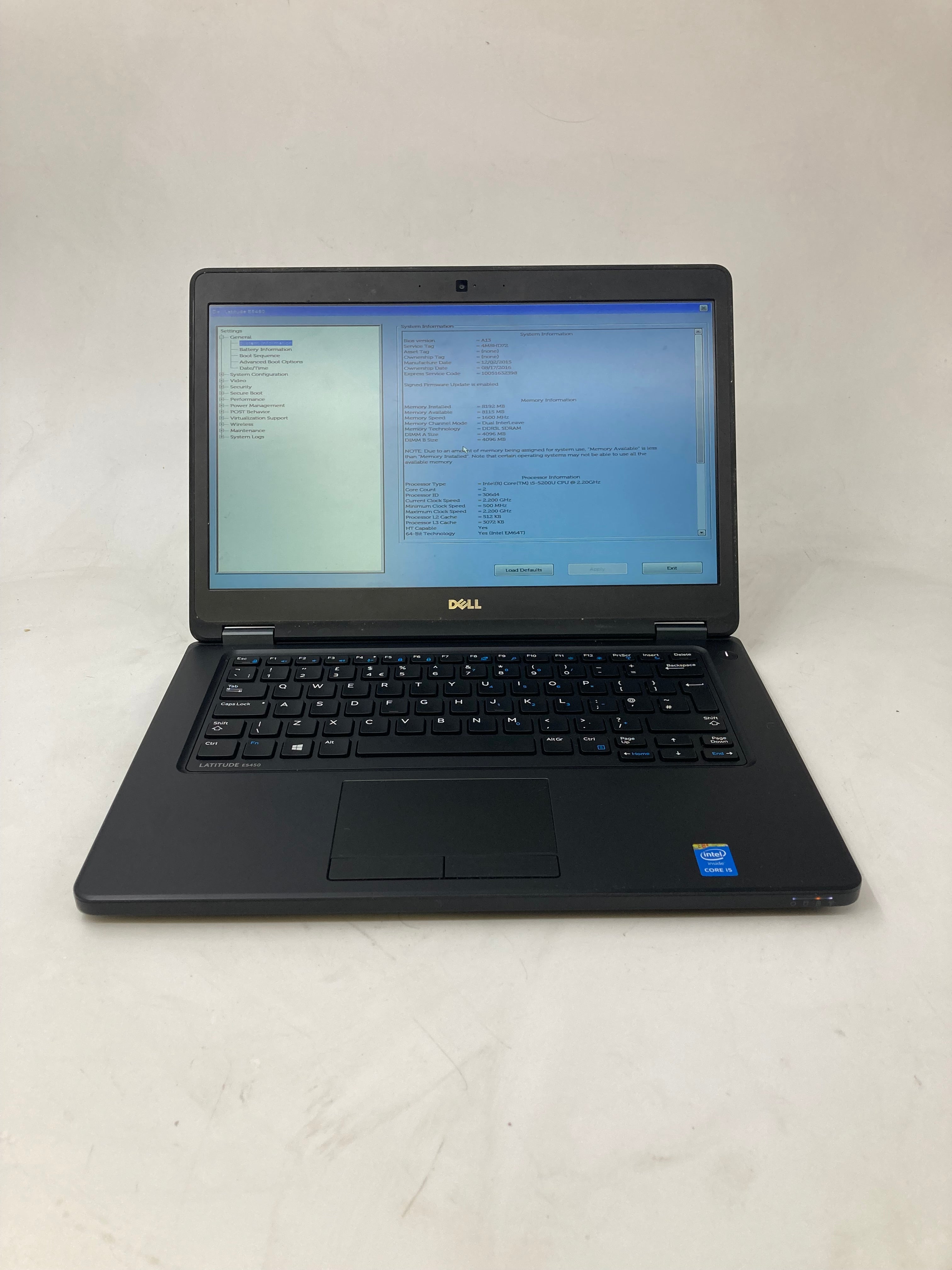 Dell Laptop Latitude E5450 14" Screen i5 5200U 8GB Ram No SSD No OS