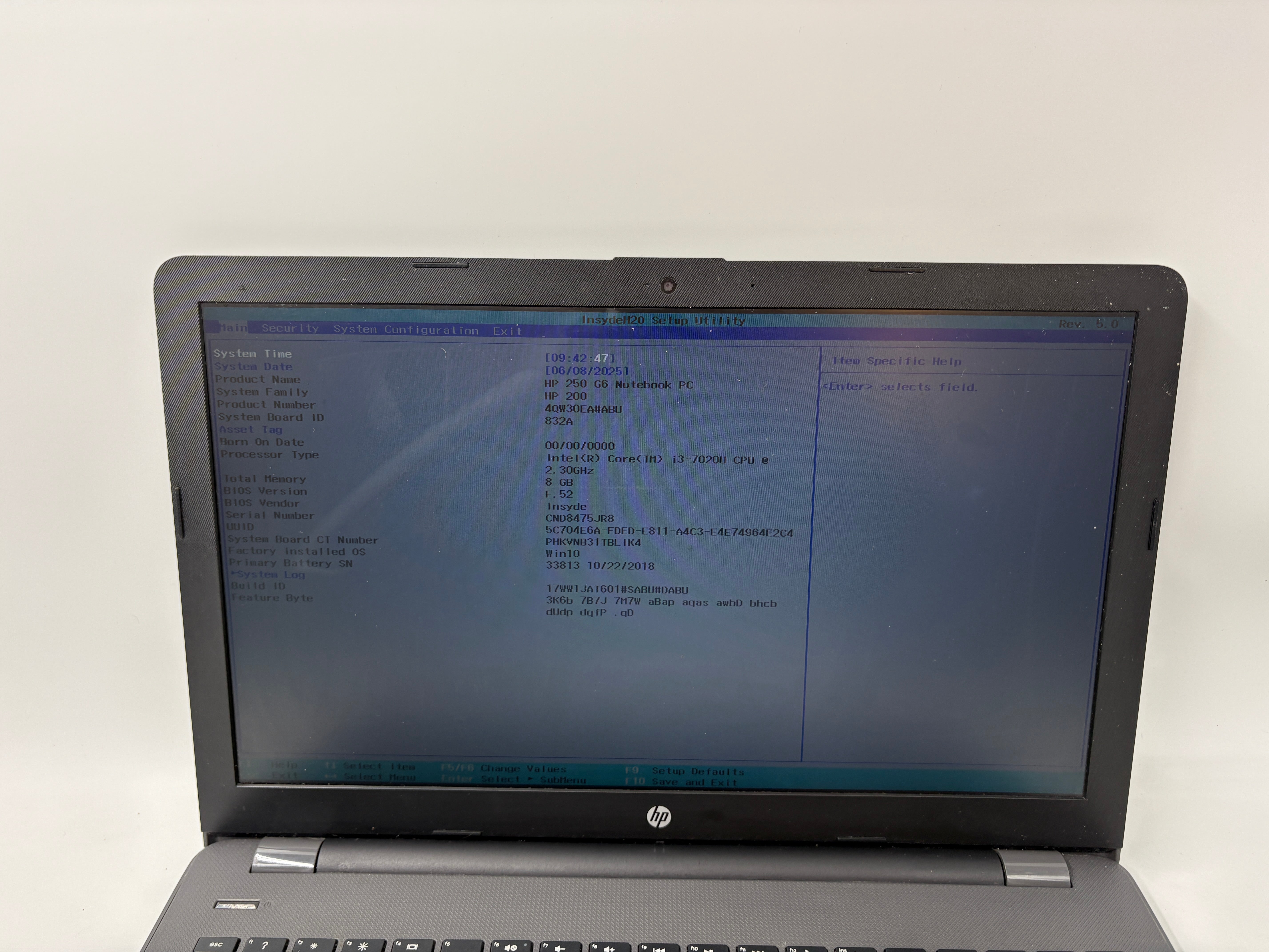 HP Laptop 250 G6 15.6" Screen i3 7th Gen 8GB RAM NO SSD NO OS