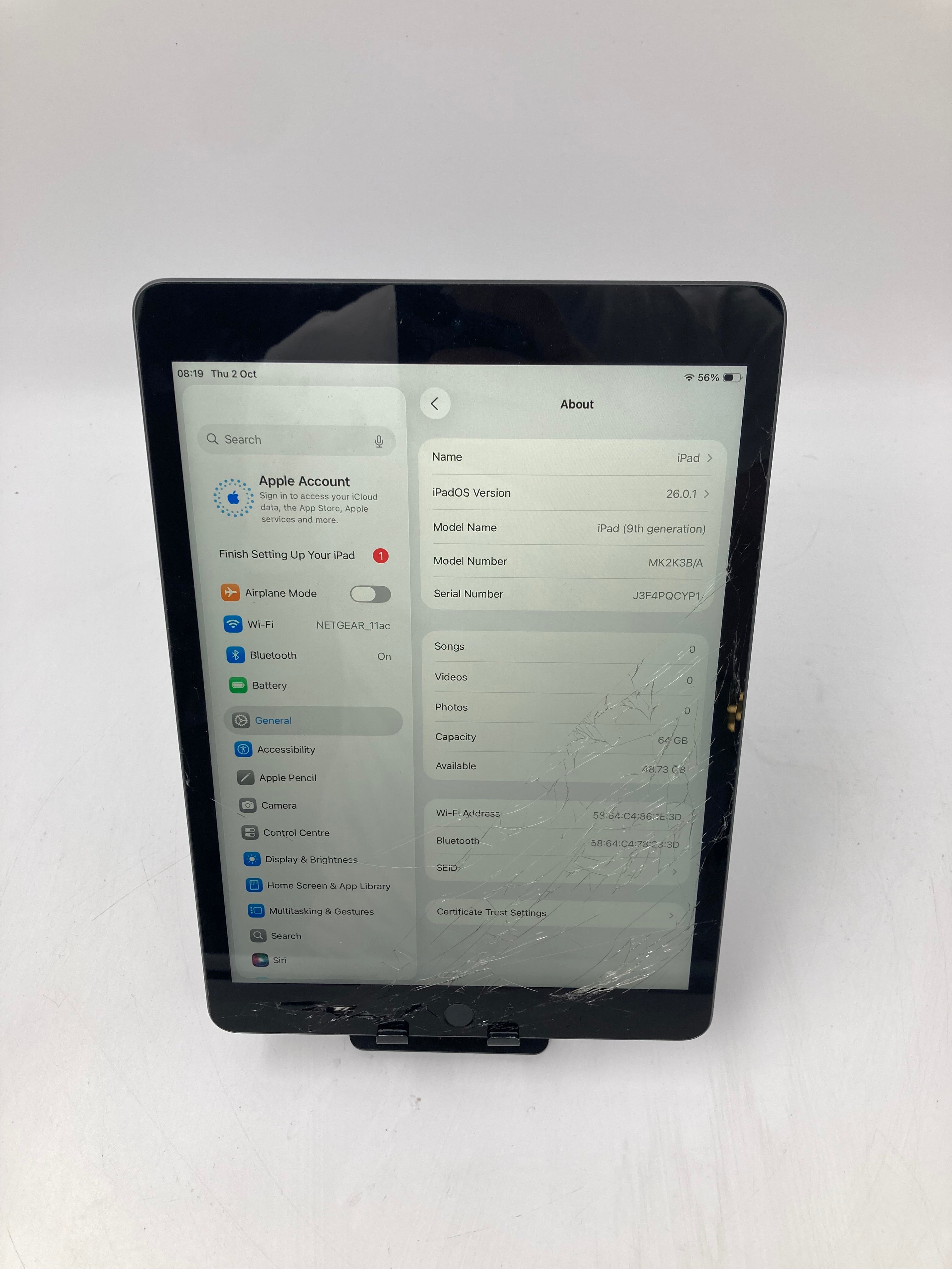 Apple iPad A2602 9th Gen 64GB Space Grey Unlocked *Spares*