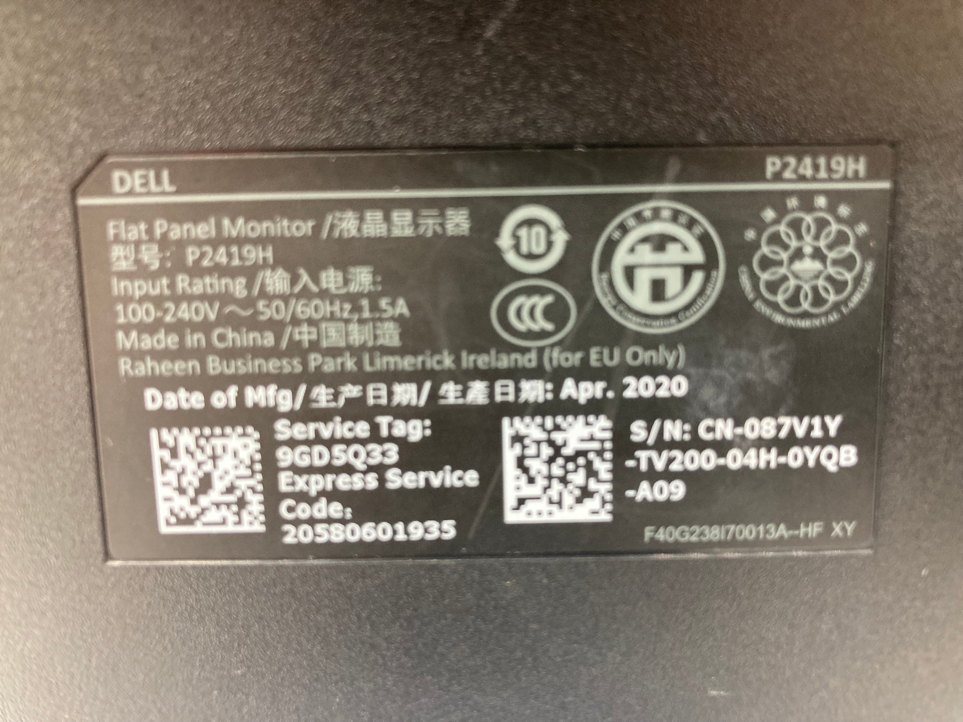 Dell Monitor P2419H 24" Full HD Flat Panel With Stand VGA DisplayPort HDMI