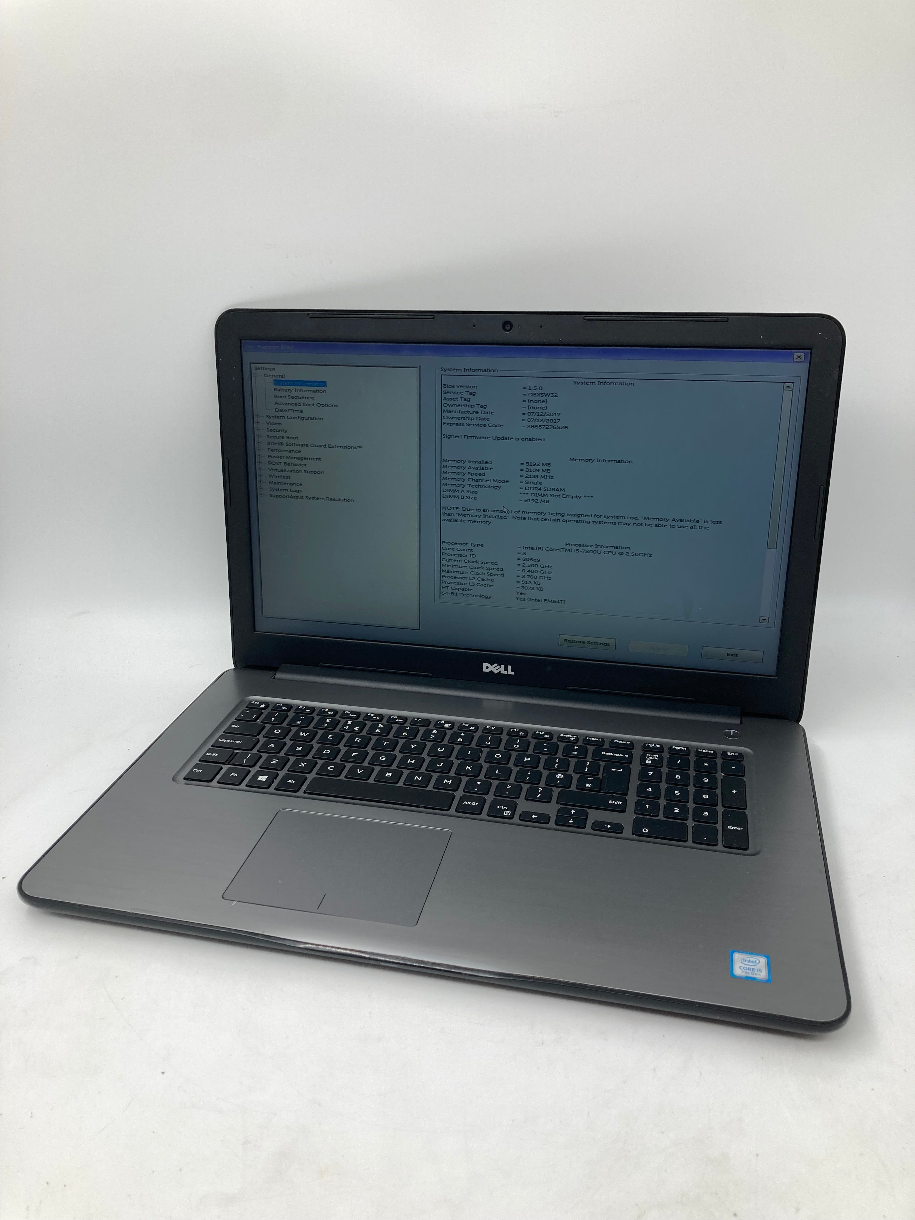 Dell Laptop Inspiron 5767 17" i5 7th Gen 8GB RAM No HDD No OS *Spares*