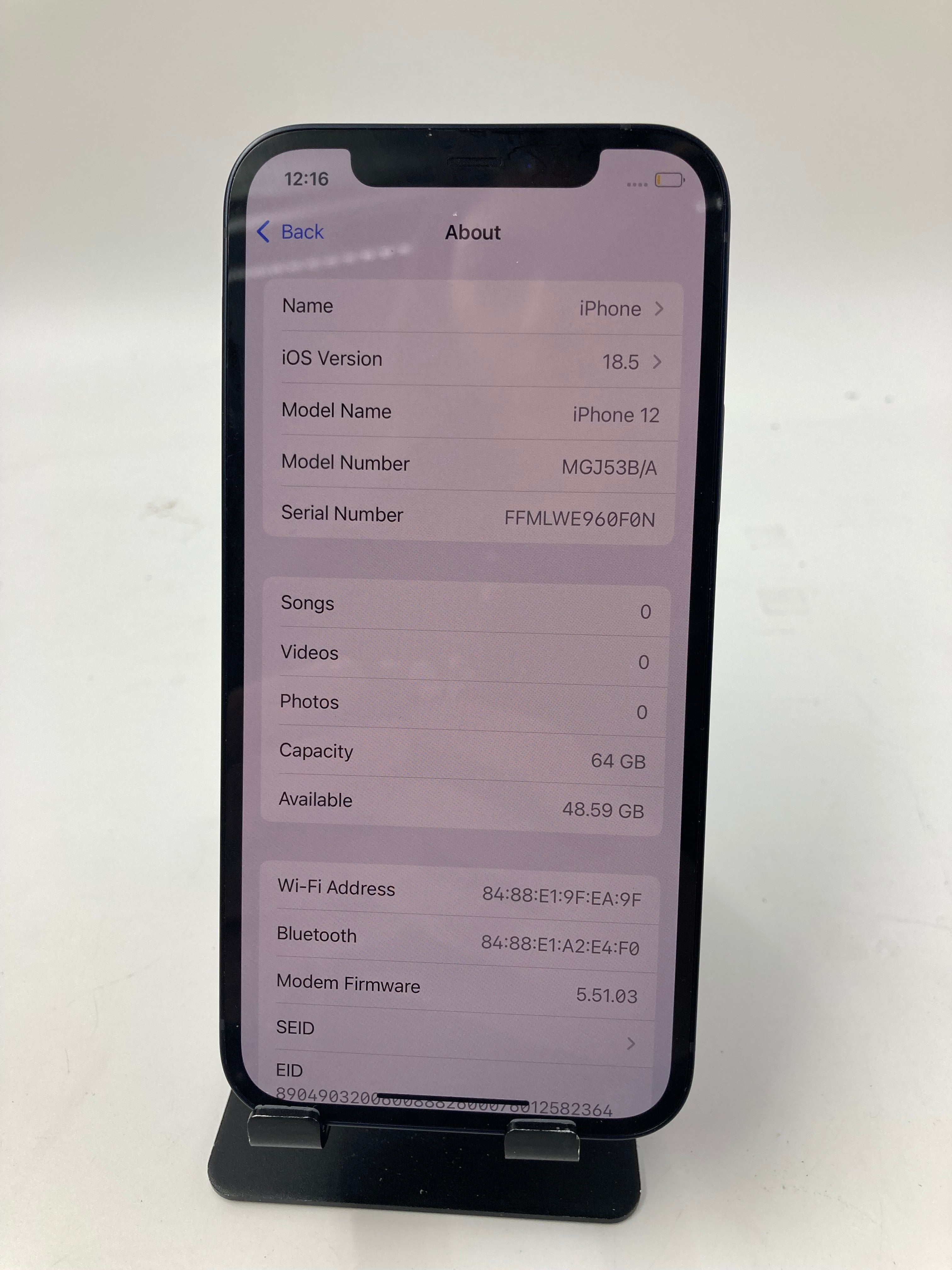 Apple iPhone 12 6.1" A2403 64GB Storage Black Unlocked 100% Battery Health