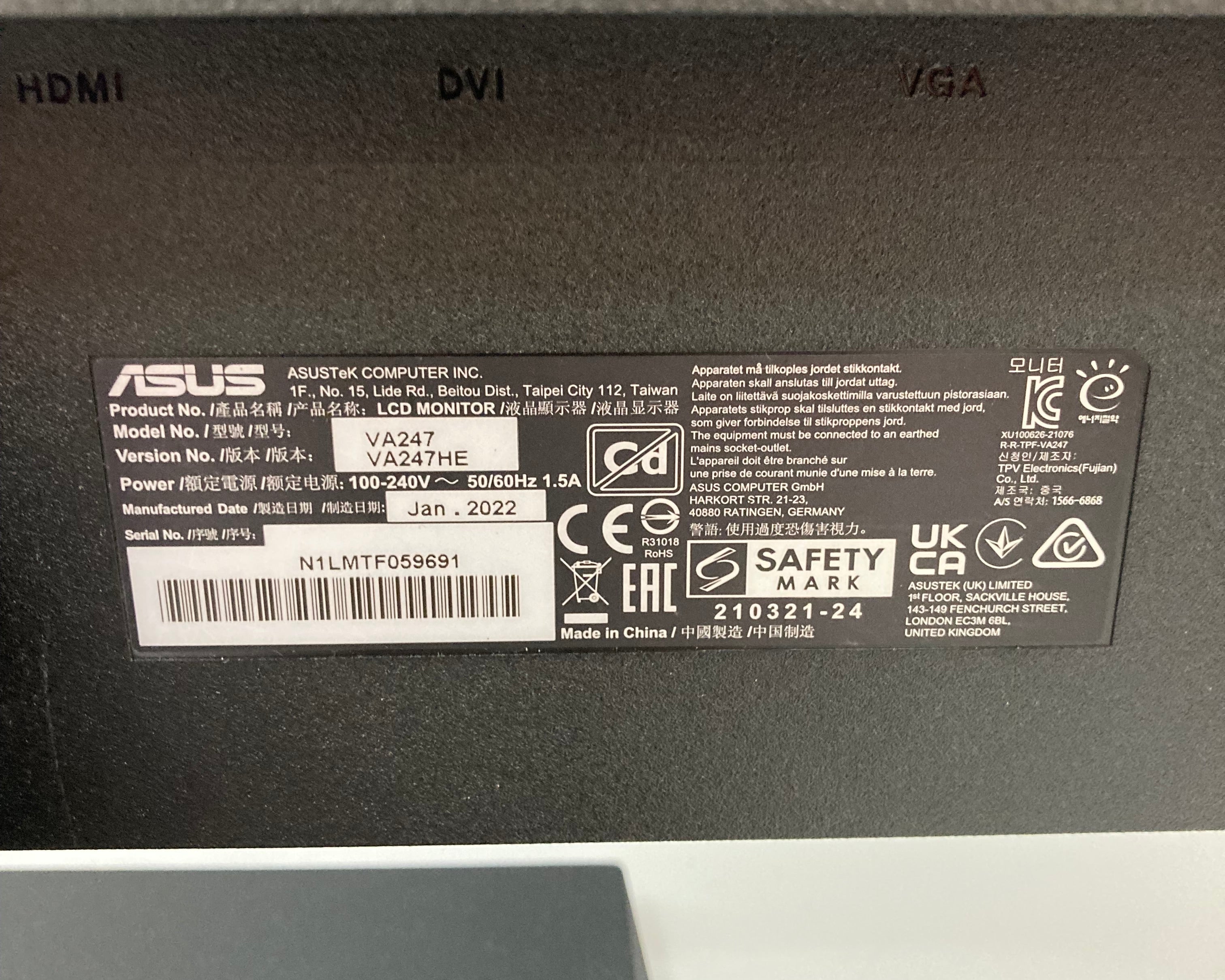 Asus VA247 23.8" Full HD Monitor with Stand 60Hz HDMI VGA DVI