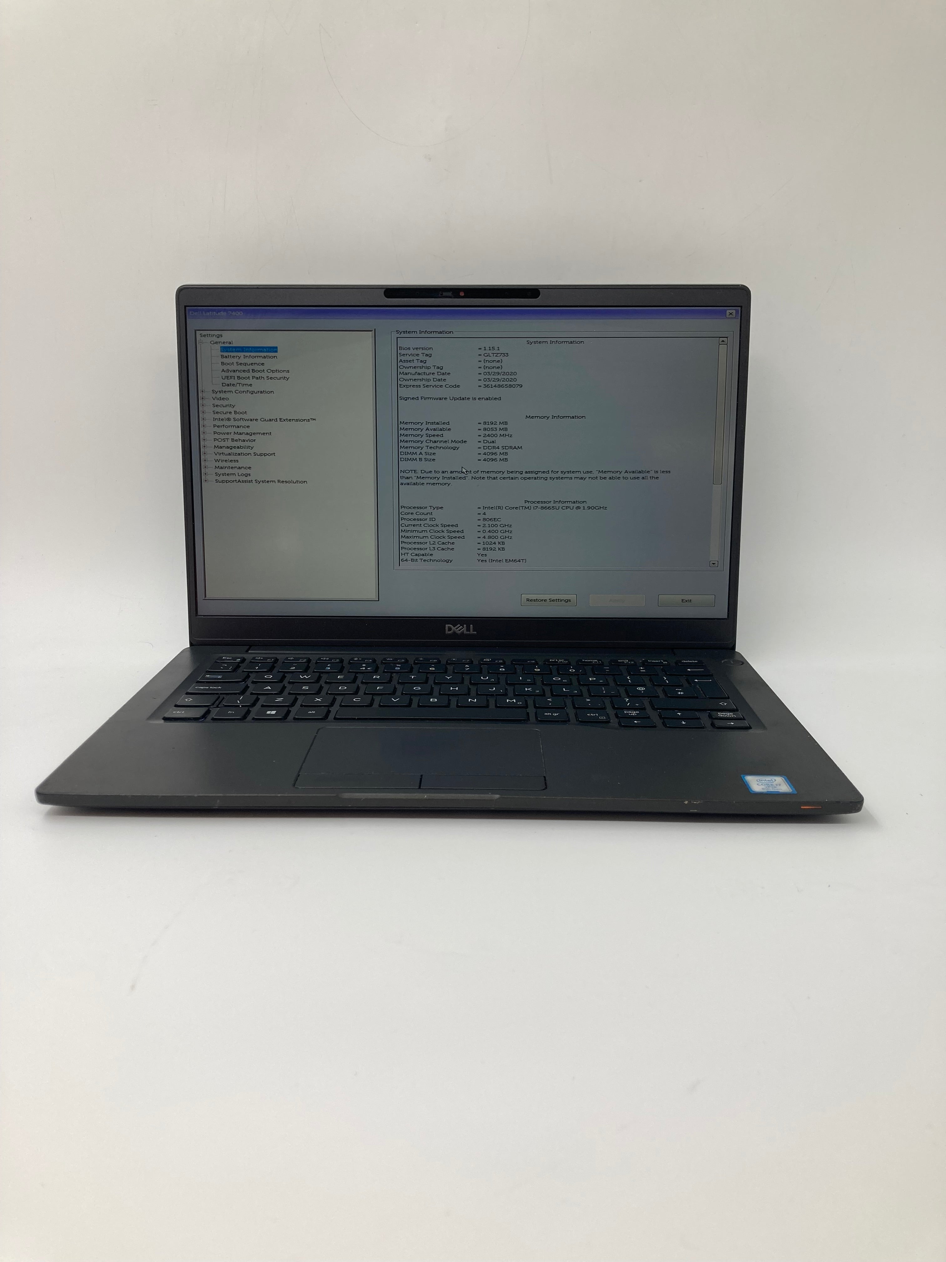 Dell Laptop Latitude 7400 14" Screen i7 8th Gen 8GB RAM No SSD No OS *Spares*
