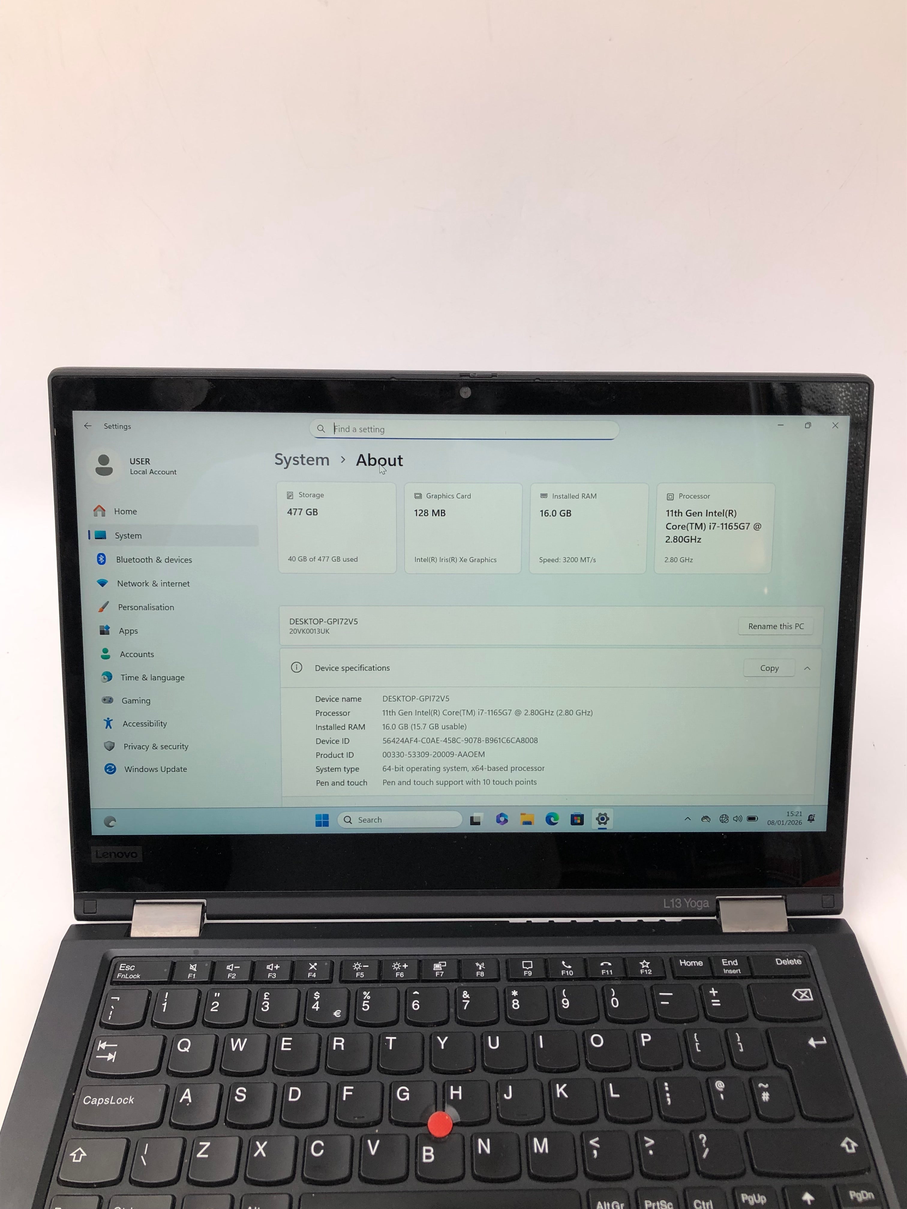 Lenovo ThinkPad L13 Yoga G2 13 inch touchscreen laptop UK keyboard and 13" touchscreen 