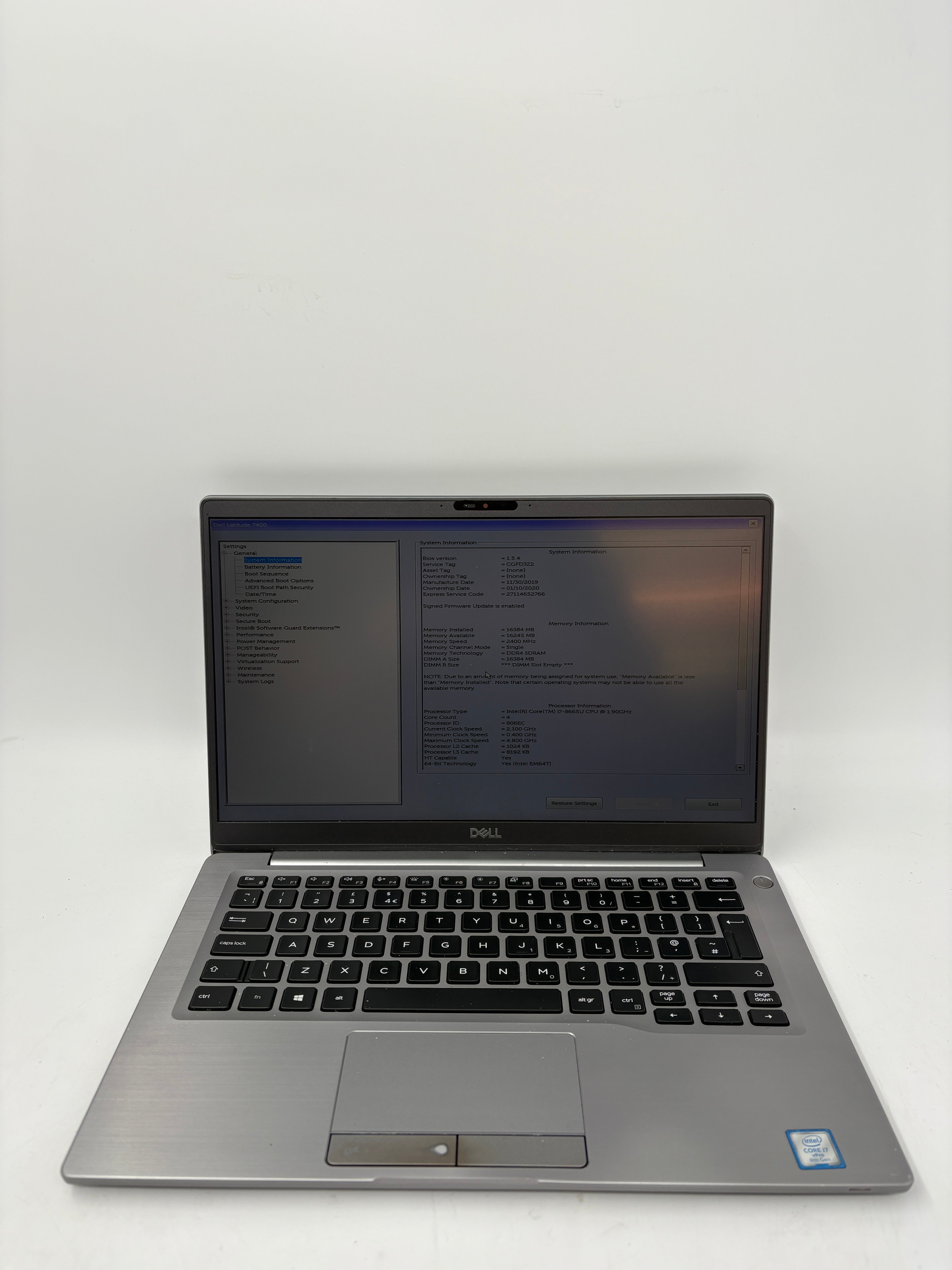 Dell Laptop Latitude 7400 14" Screen i7 8th Gen 16GB RAM 512GB SSD NO OS