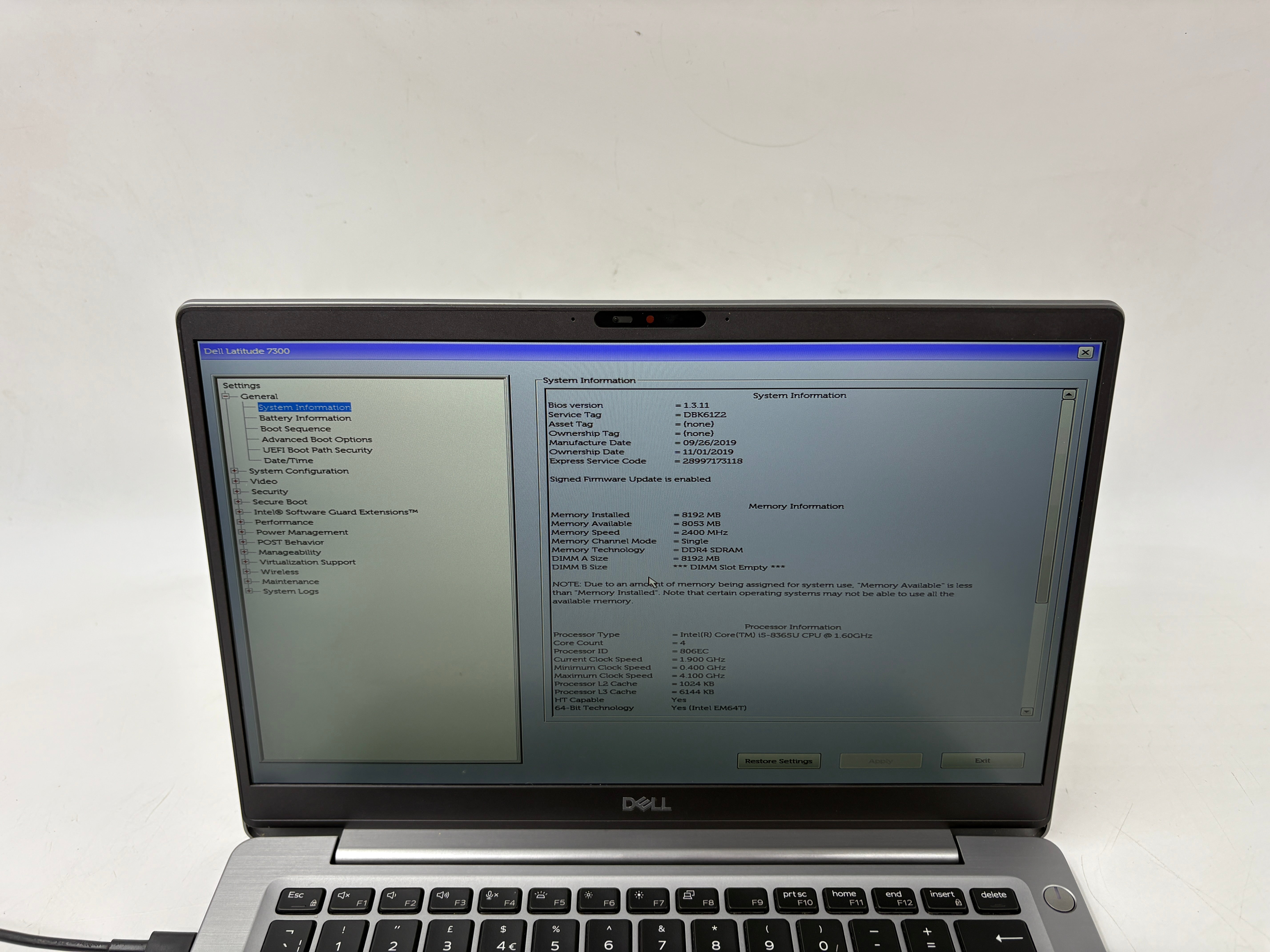 Dell Laptop 7300 13.3" Screen i5 8th Gen 8GB RAM 256GB SSD W11