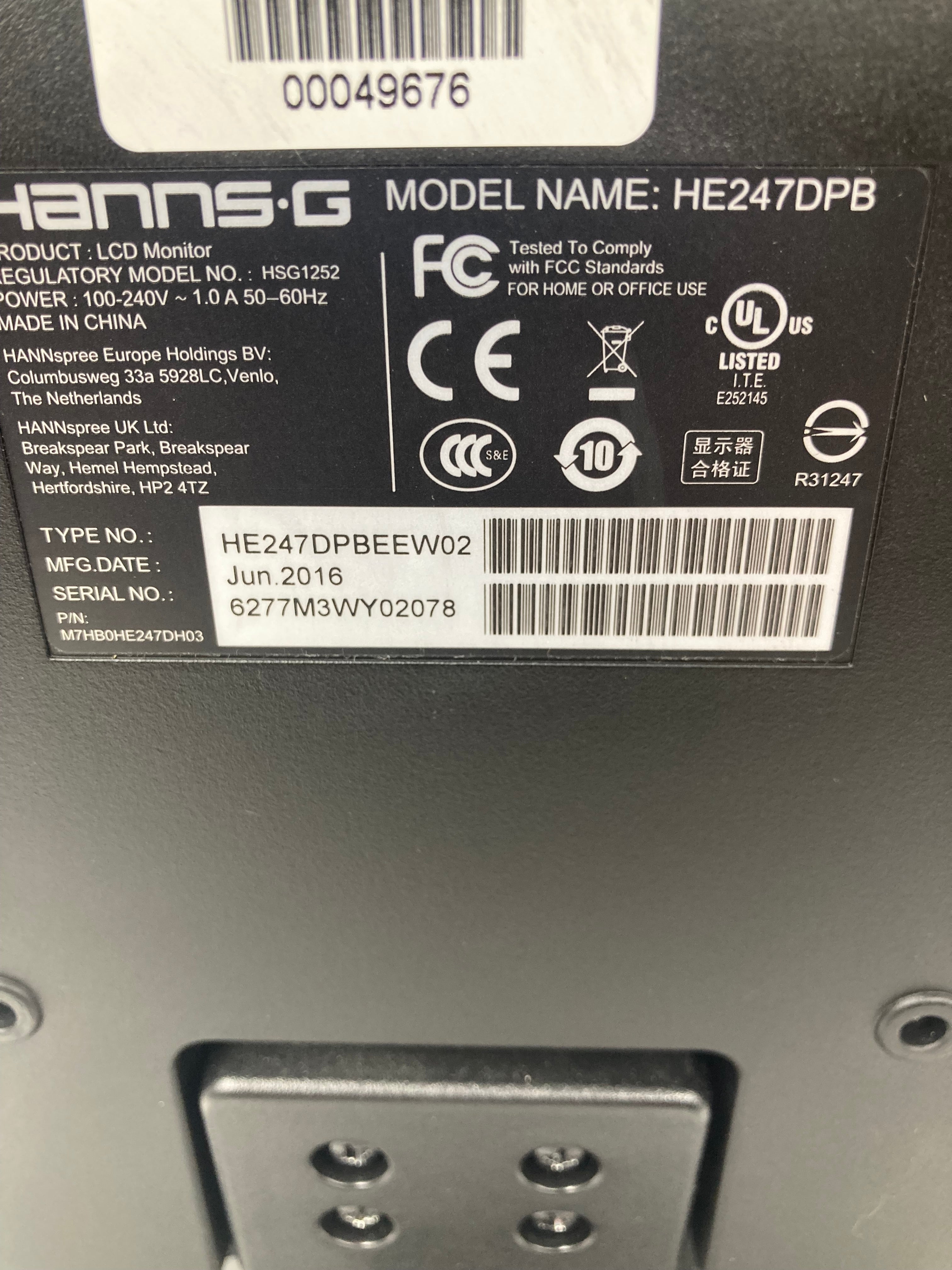 Hanns.G HE247 23.6" LCD Monitor DVI VGA