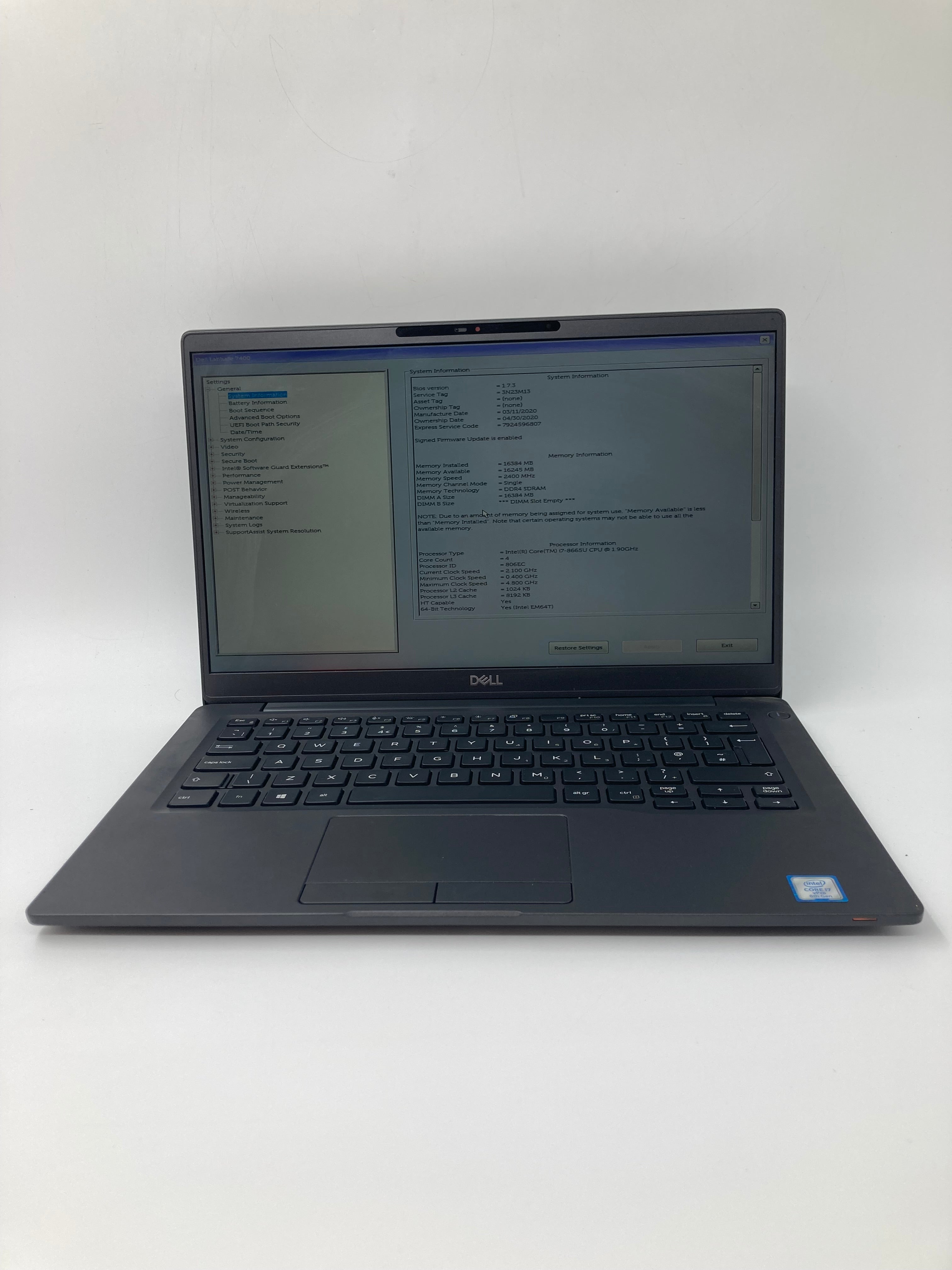 Dell Laptop Latitude 7400 14" Screen i7 8th Gen 16GB RAM No SSD No OS Spares