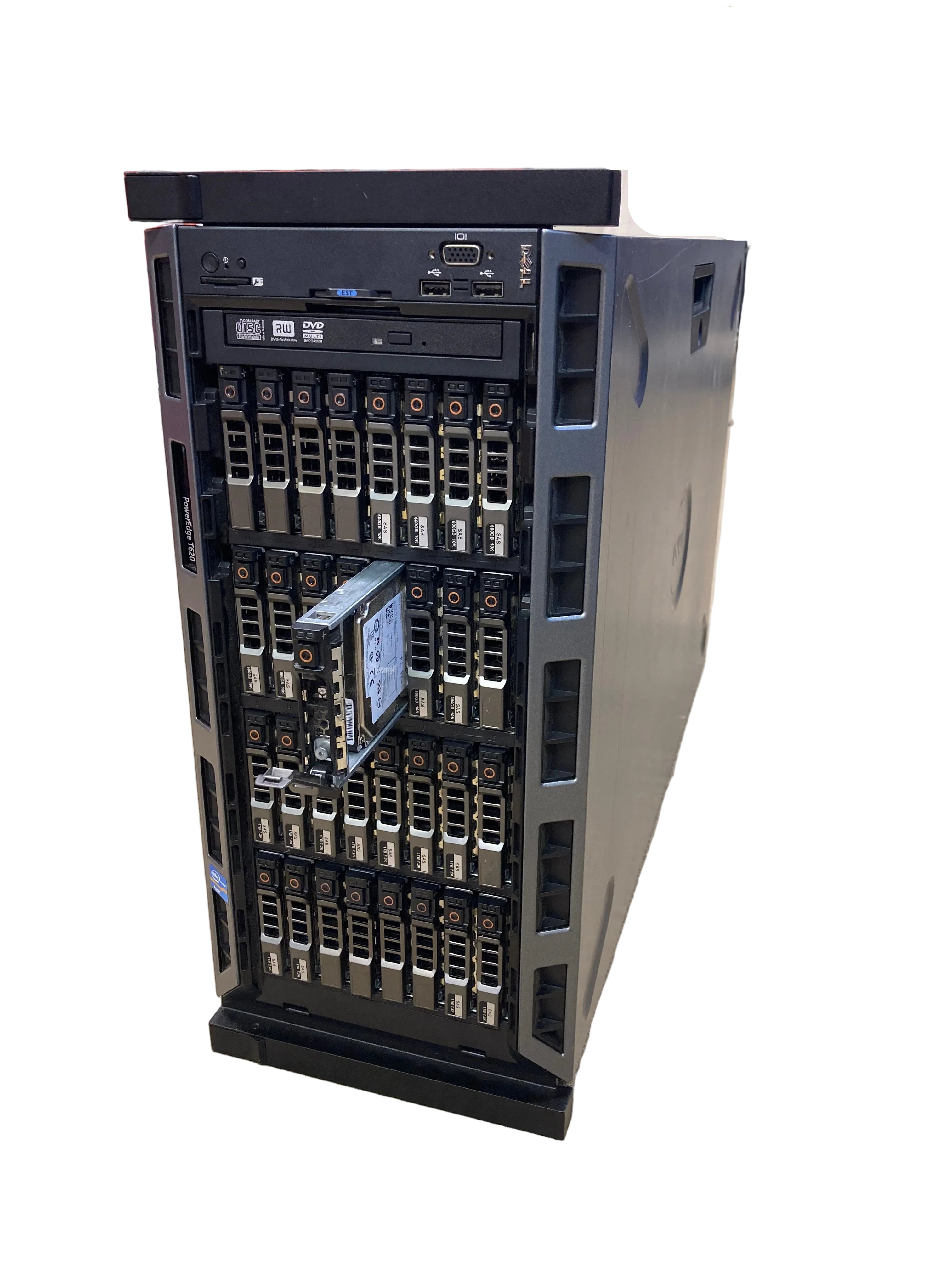 Dell PowerEdge T620 tower server front view showing black bezel with vented grille and drive bay area