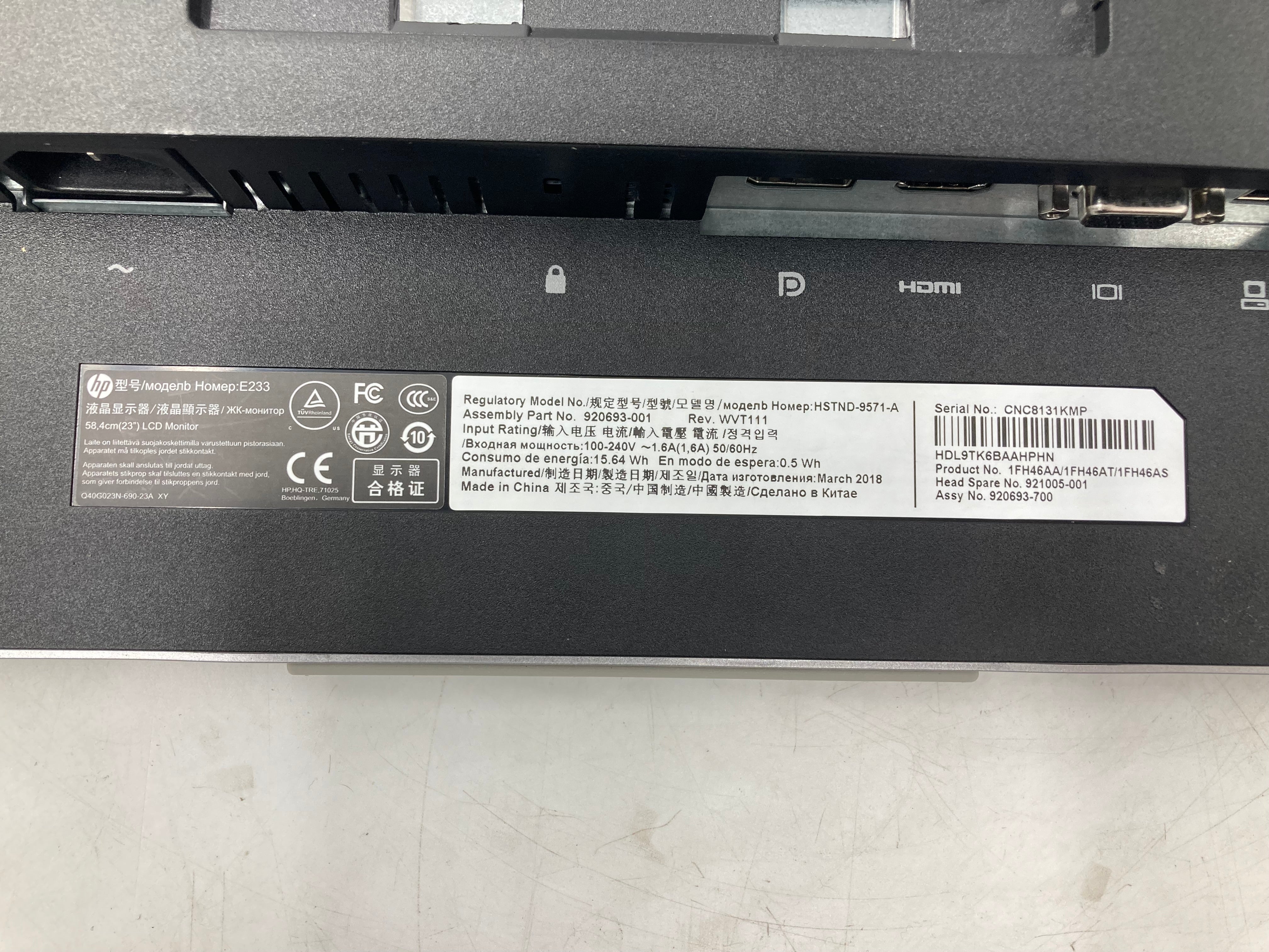 HP Monitor E233 23" Display IPS VGA Display Port HDMI No Stand Batch of 5