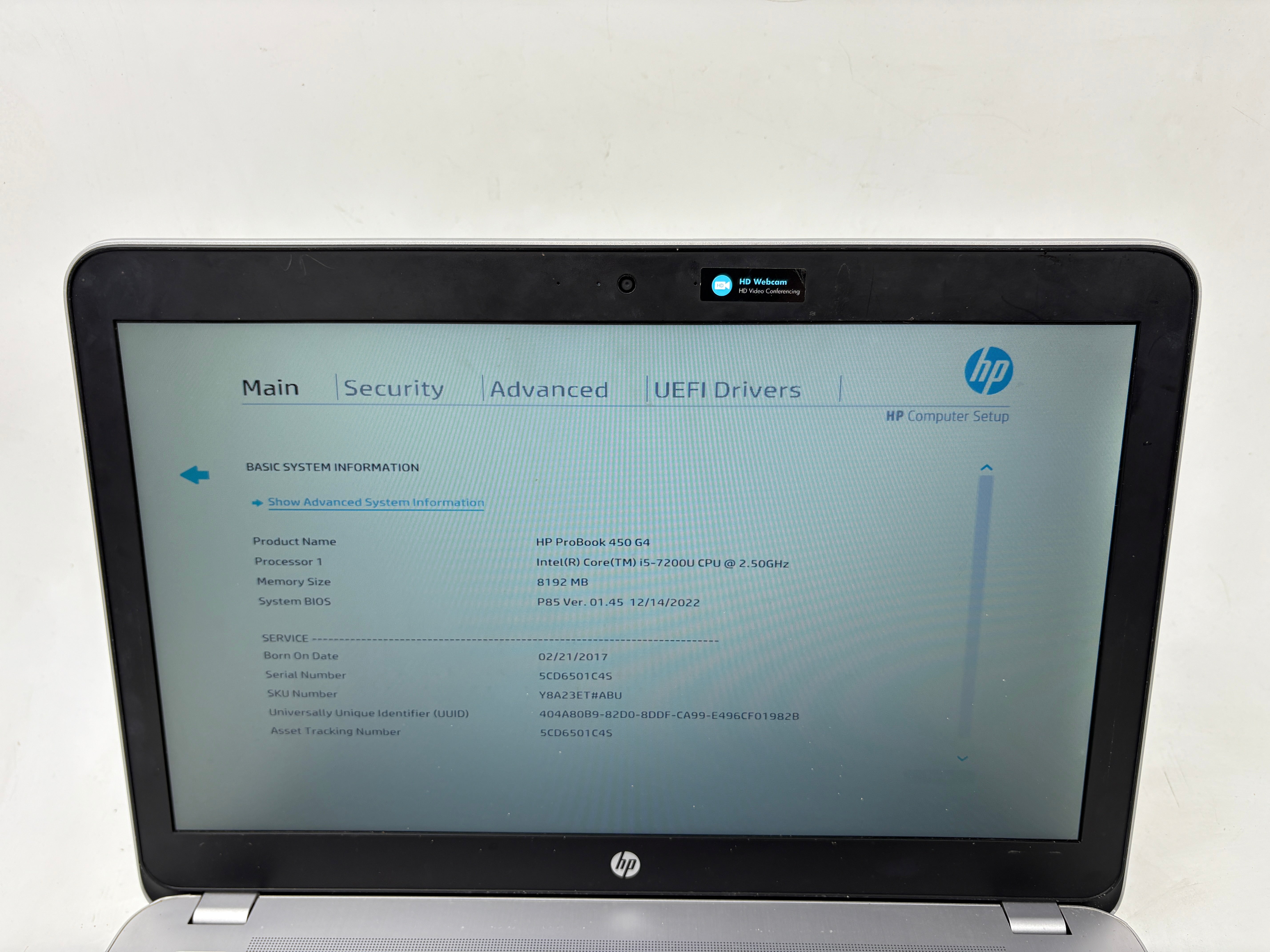 HP Laptop ProBook 450 G4 15.6" Screen i5 7th Gen 8GB RAM NO SSD NO OS