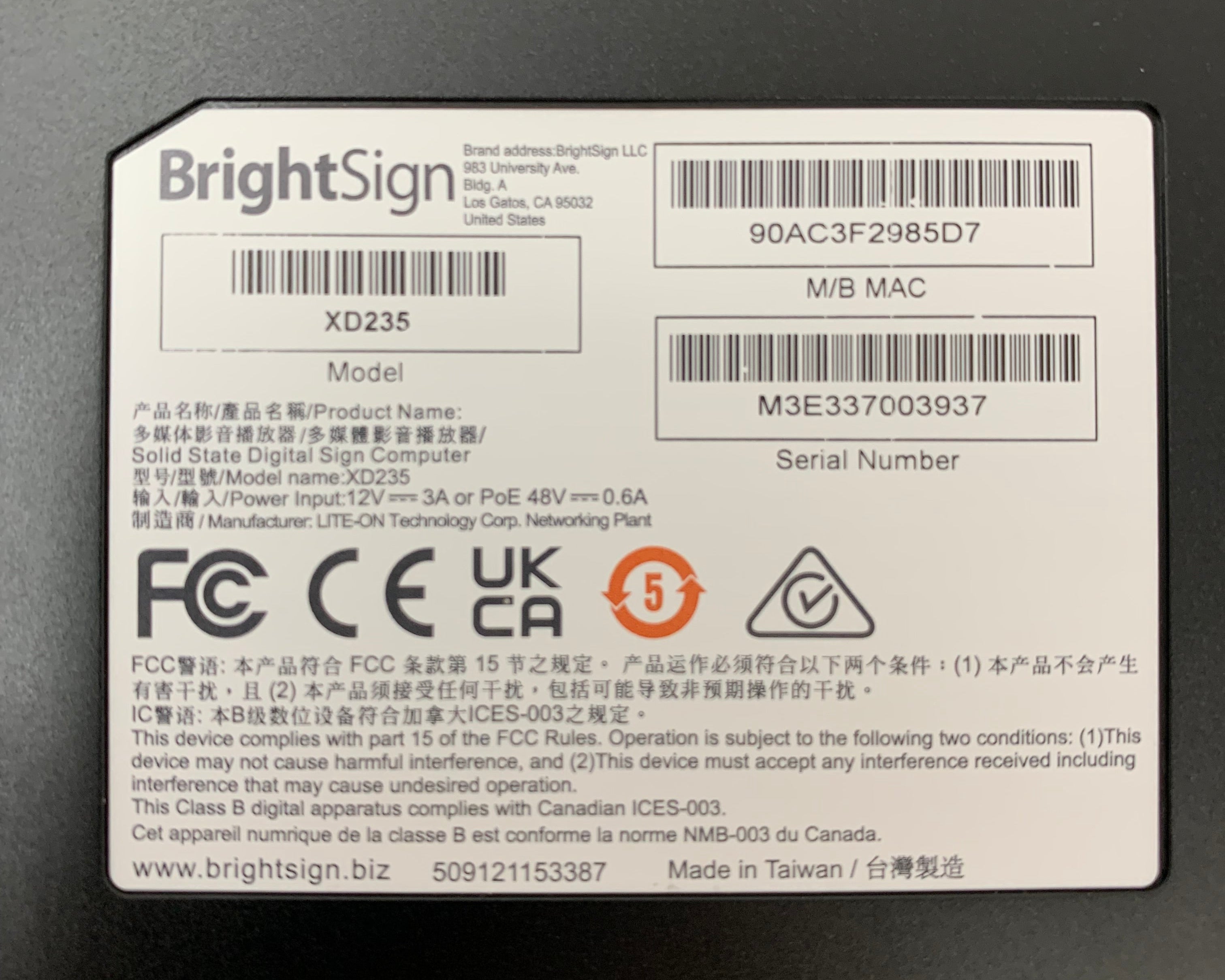 BrightSign XD235 Professional 4K Digital Signage Media Player PoE HDMI