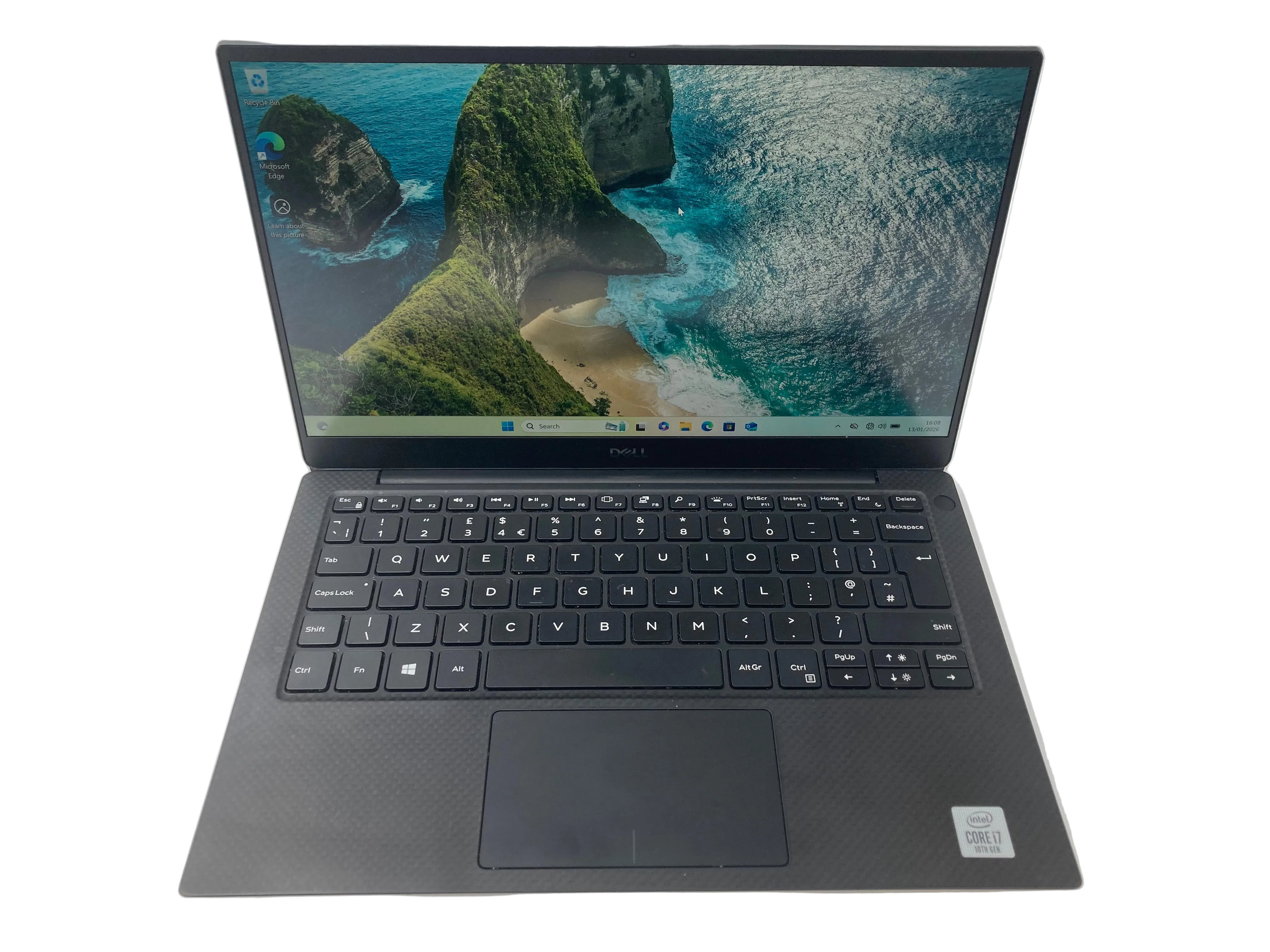 Dell XPS 13 7390 premium 13 inch laptop front view open showing qwerty uk keyboard