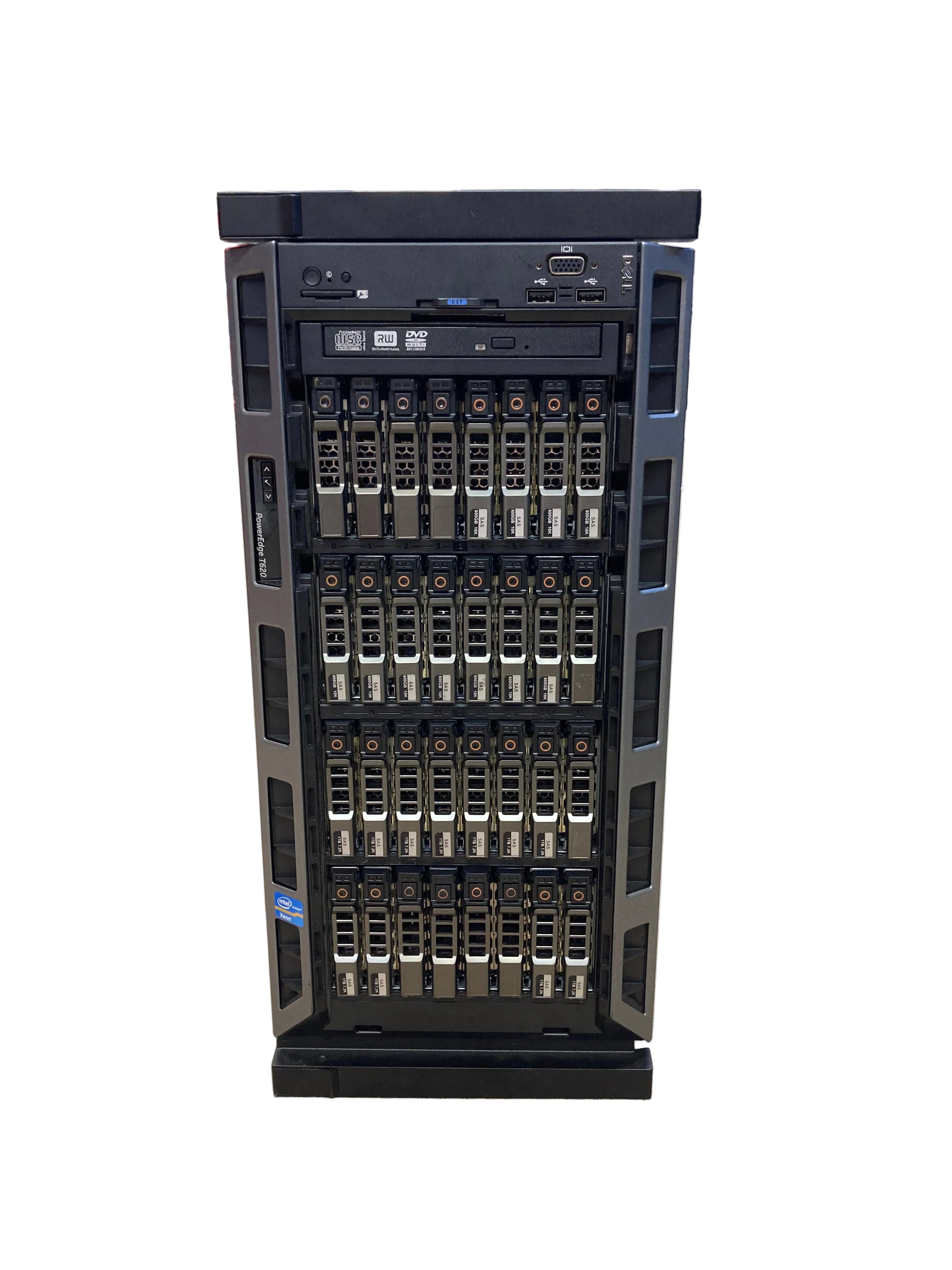 Dell PowerEdge T620 tower server angled front-left view highlighting tower form factor and front ventilation
