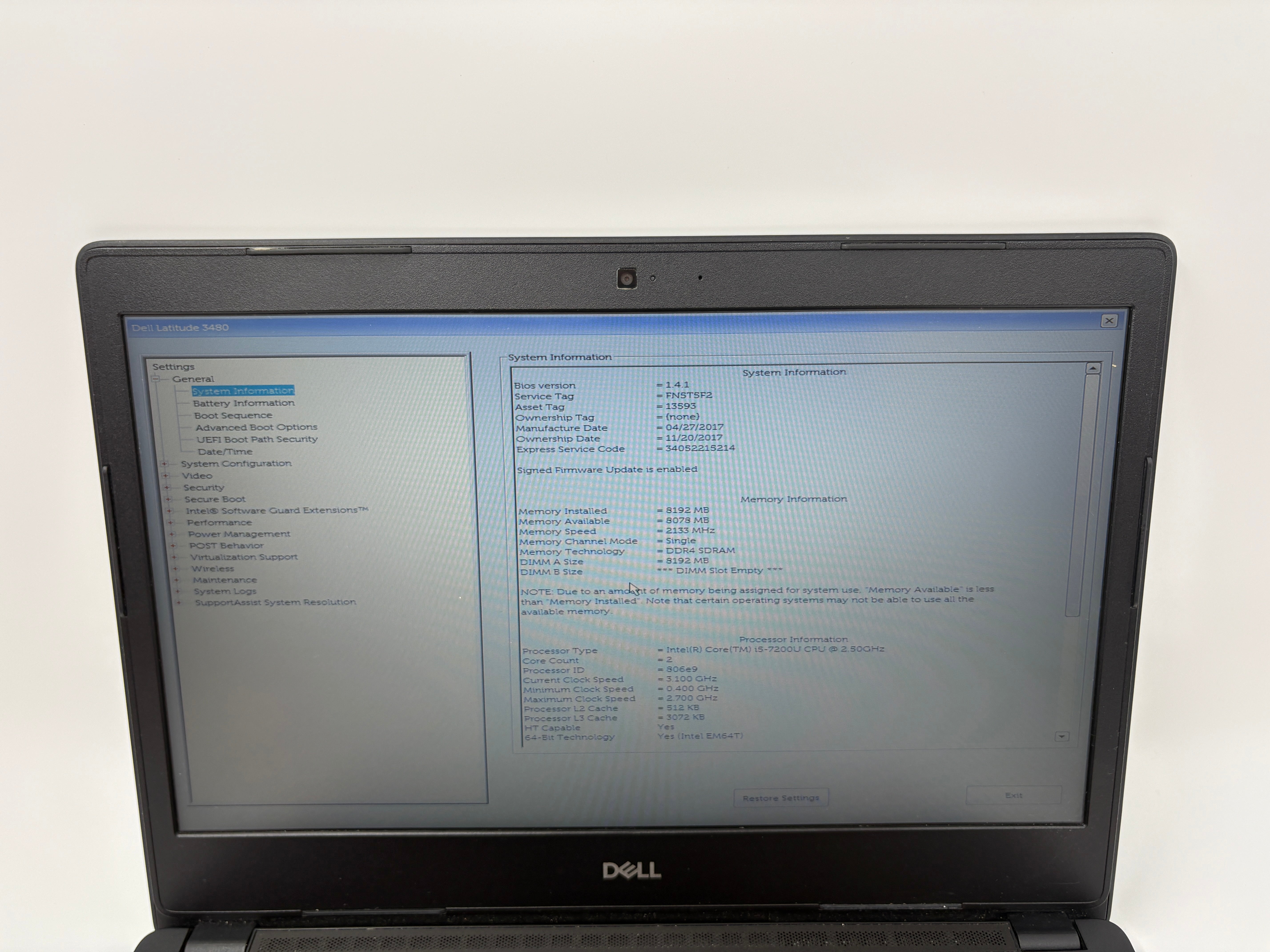 Dell Laptop Latitude 3480 i5 7th Gen 8GB RAM NO SSD NO OS