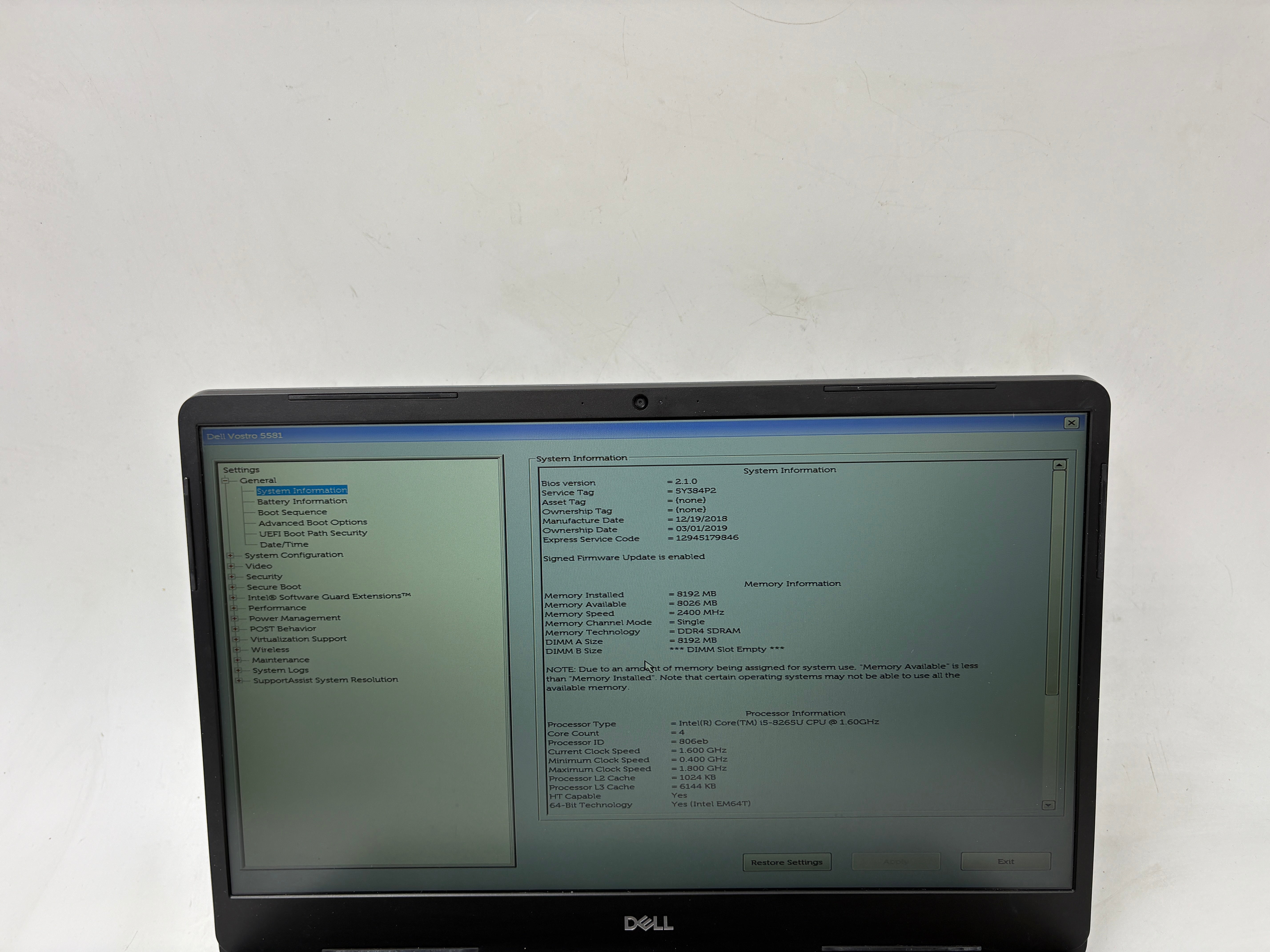 Dell Laptop Vostro 5581 15.6" Screen i5 8th Gen 8GB 128GB SSD W11