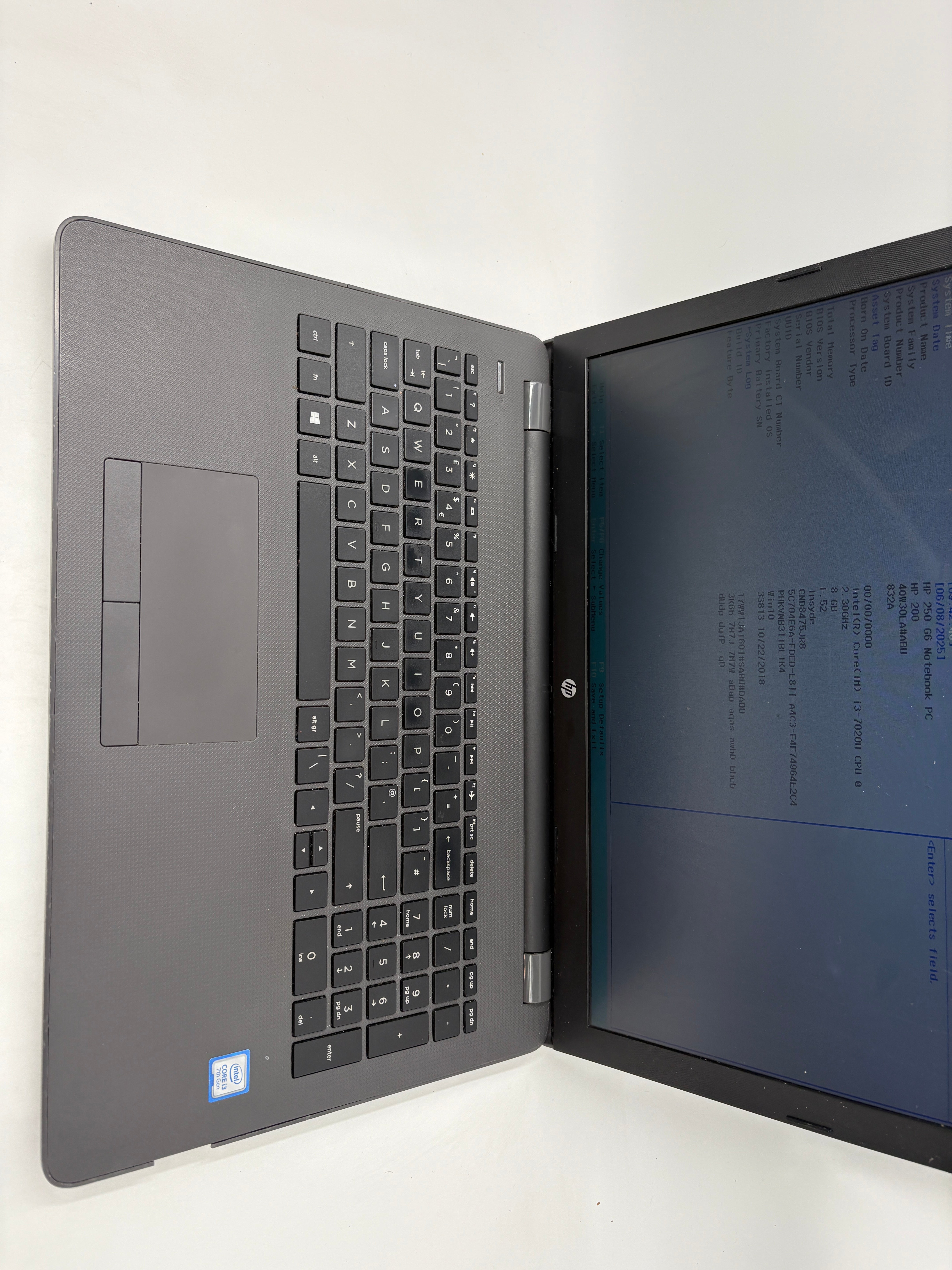 HP Laptop 250 G6 15.6" Screen i3 7th Gen 8GB RAM NO SSD NO OS