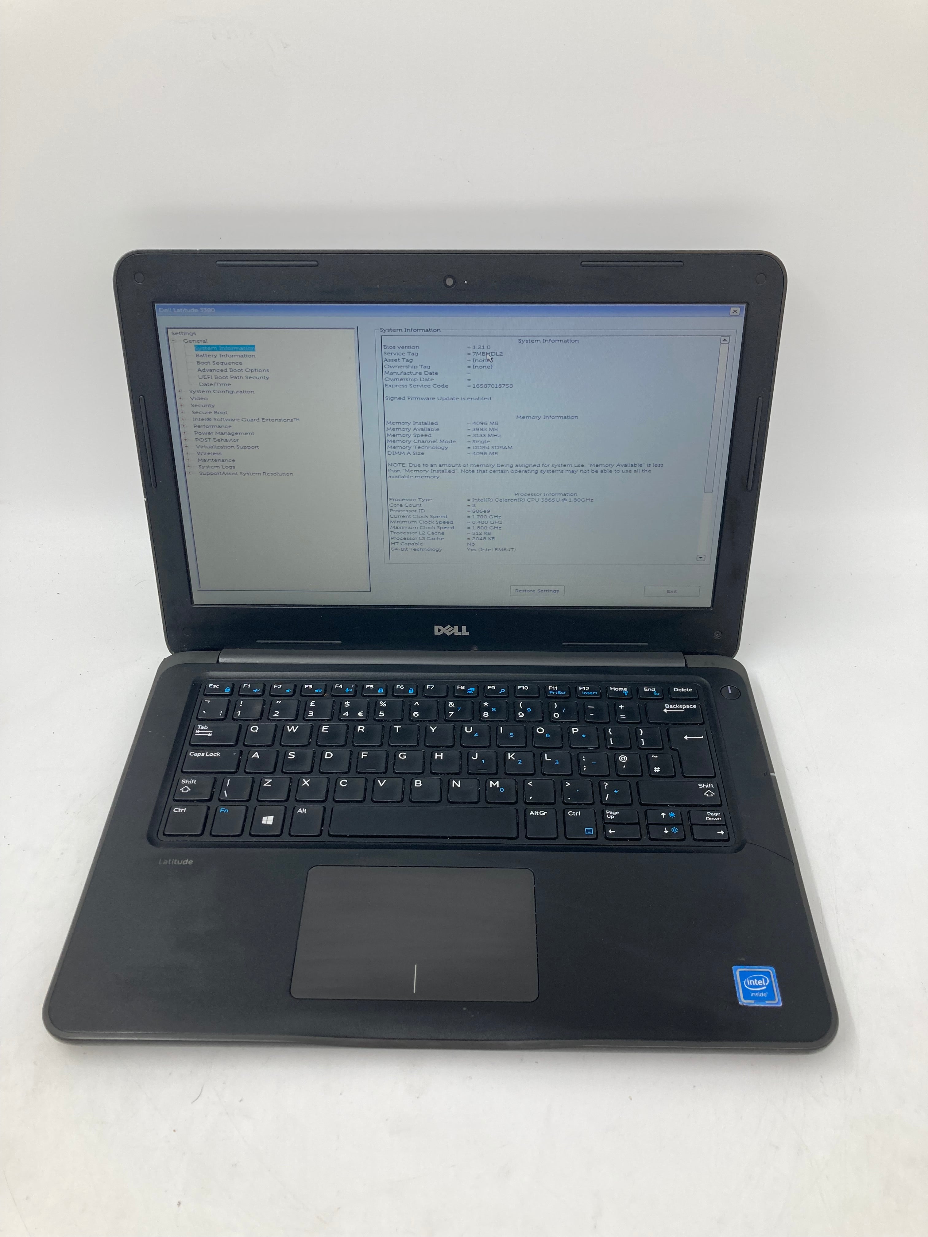Dell Laptop Latitude 3380 13" Intel Celeron 3865U 4GB RAM No HDD No OS *Spares*