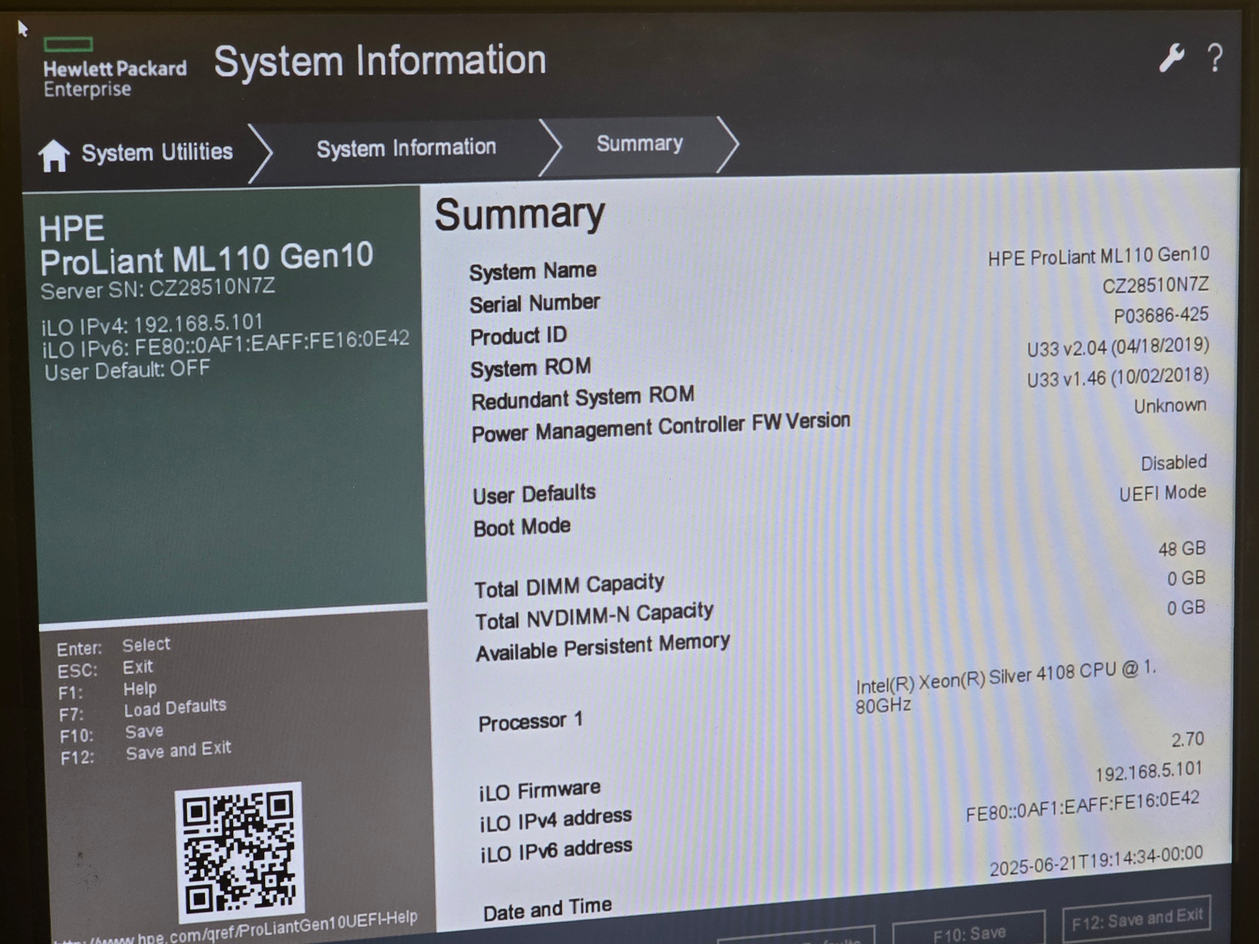 HPE Tower Server ProLiant ML110 Gen10 Xeon Silver 4108 1.8GHz 48GB RAM No HDD