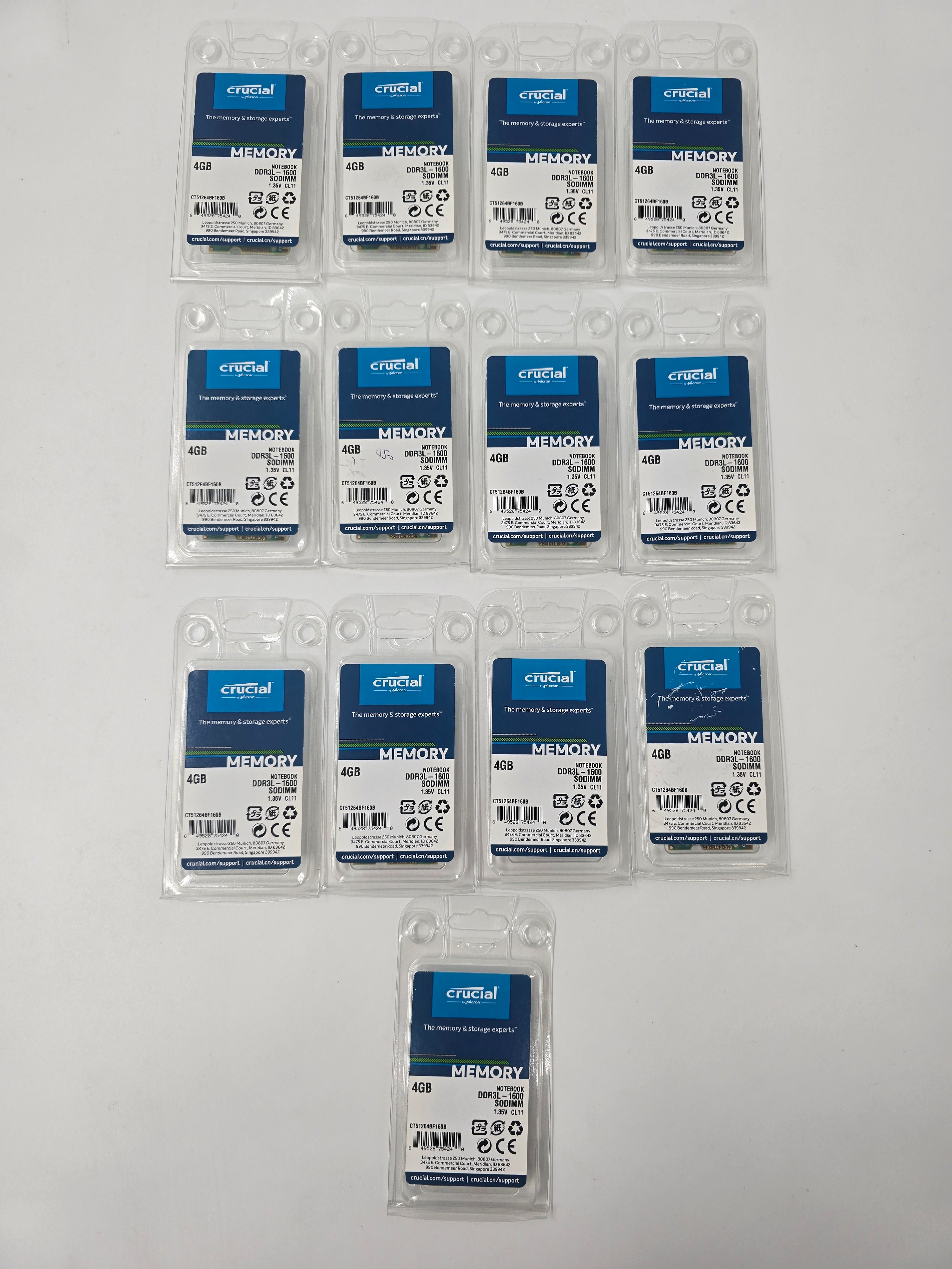 Crucial Laptop RAM 4GB DDR3L 1600MHz 1.35V CL11 SODIMM Lot of 13