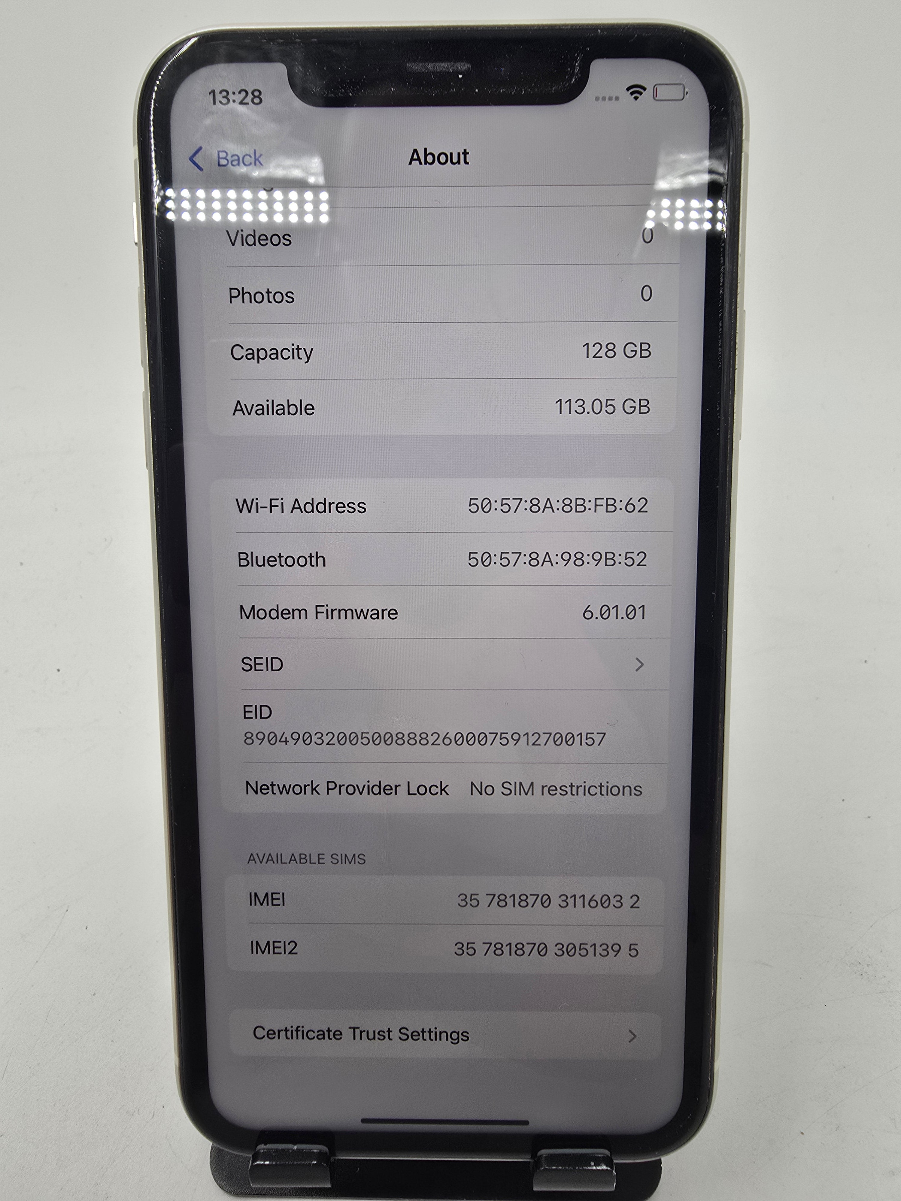 Apple iPhone 11 A2221 128GB Storage Unlocked White 98% Battery