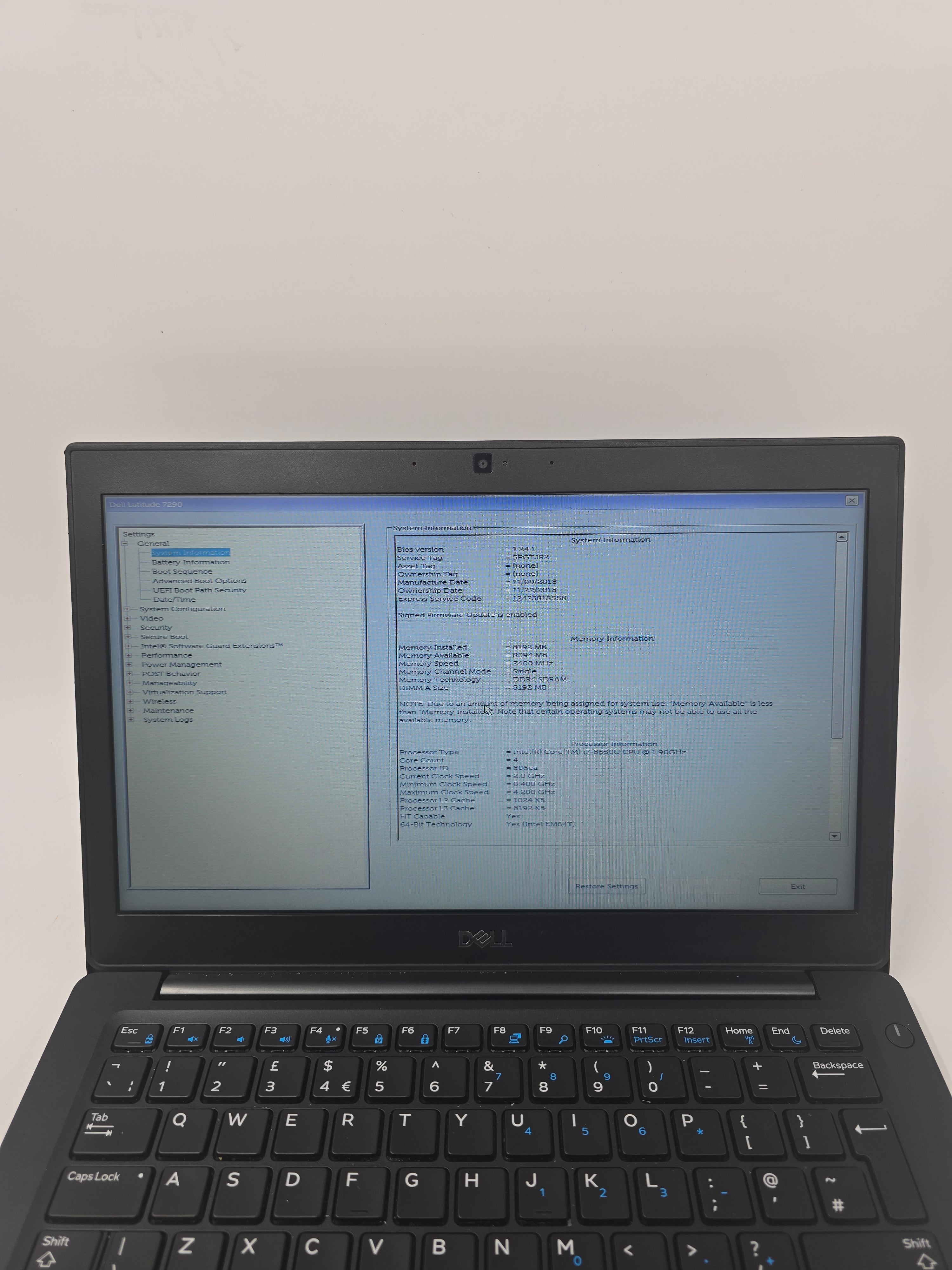 Dell Latitude 7290 12" Screen i7 8th Gen 8GB RAM 256GB SSD No OS