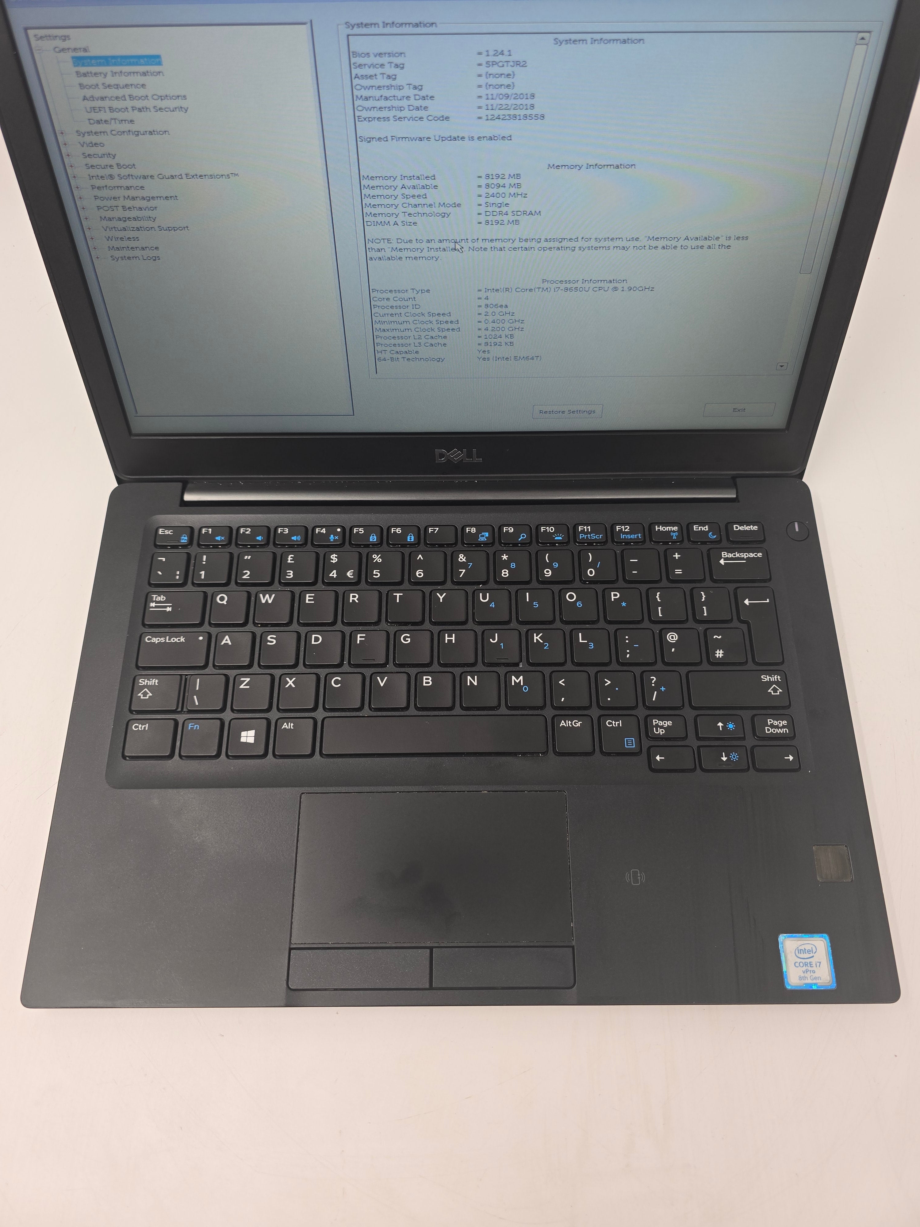 Dell Latitude 7290 12" Screen i7 8th Gen 8GB RAM 256GB SSD No OS